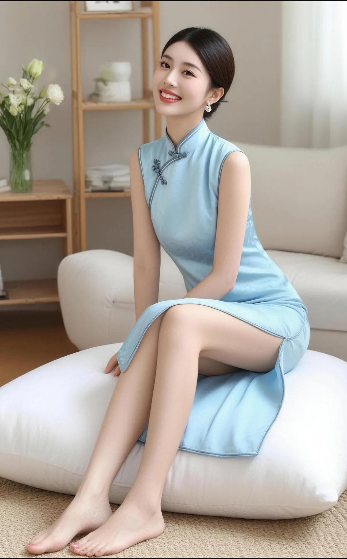 优雅蓝裙，微笑如花，清新自然，坐享舒适时光。