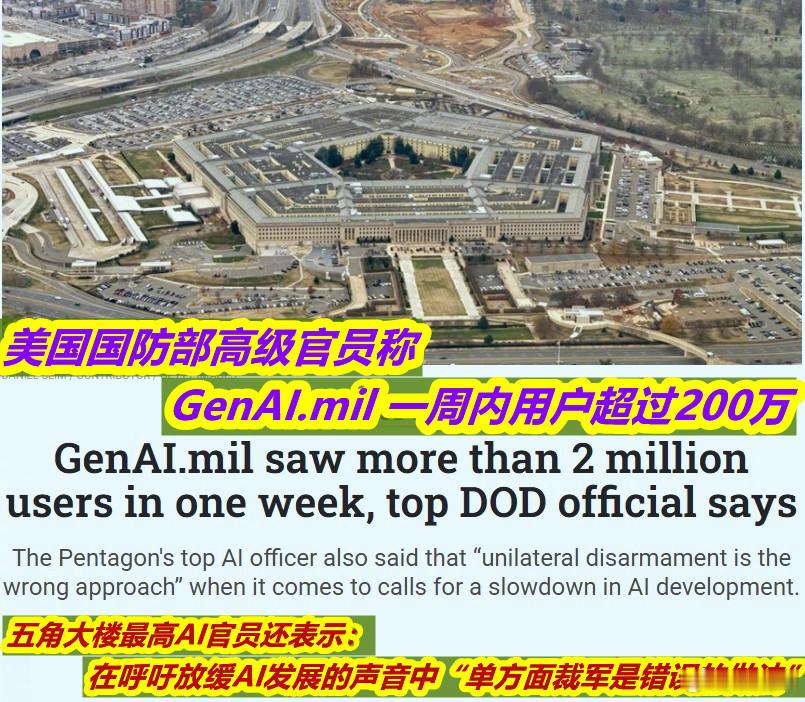 美国防部使用AI工具人员大增今天美媒报道称，美国防部首席数字与人工智能官周三表
