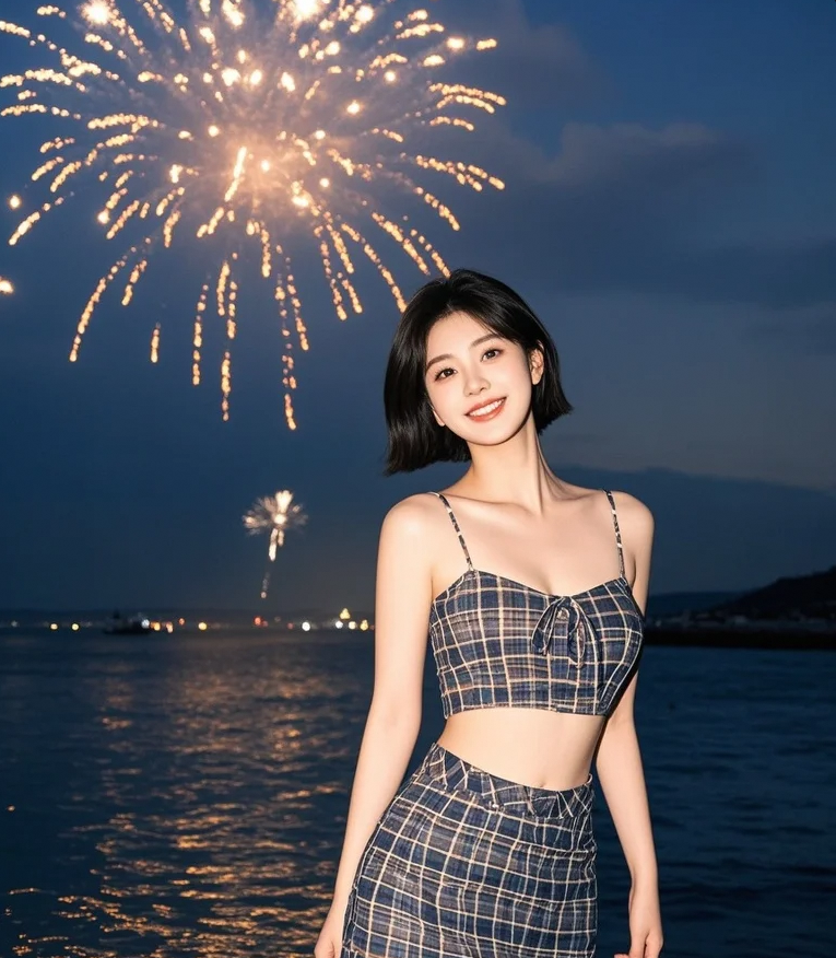 海风轻拂，她与烟花共舞