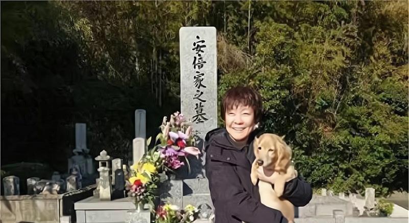 笑着给丈夫扫墓的安倍昭惠，今年2月怀抱着与丈夫共同养的狗狗“罗恩”，一起来给安倍