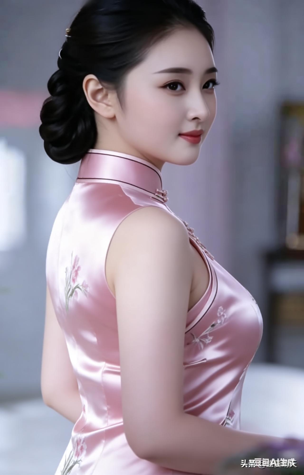 她轻轻转动身体，粉色缎面旗袍随动作温柔晃动，柔光漫过眉眼，勾勒出她温婉的侧脸。身