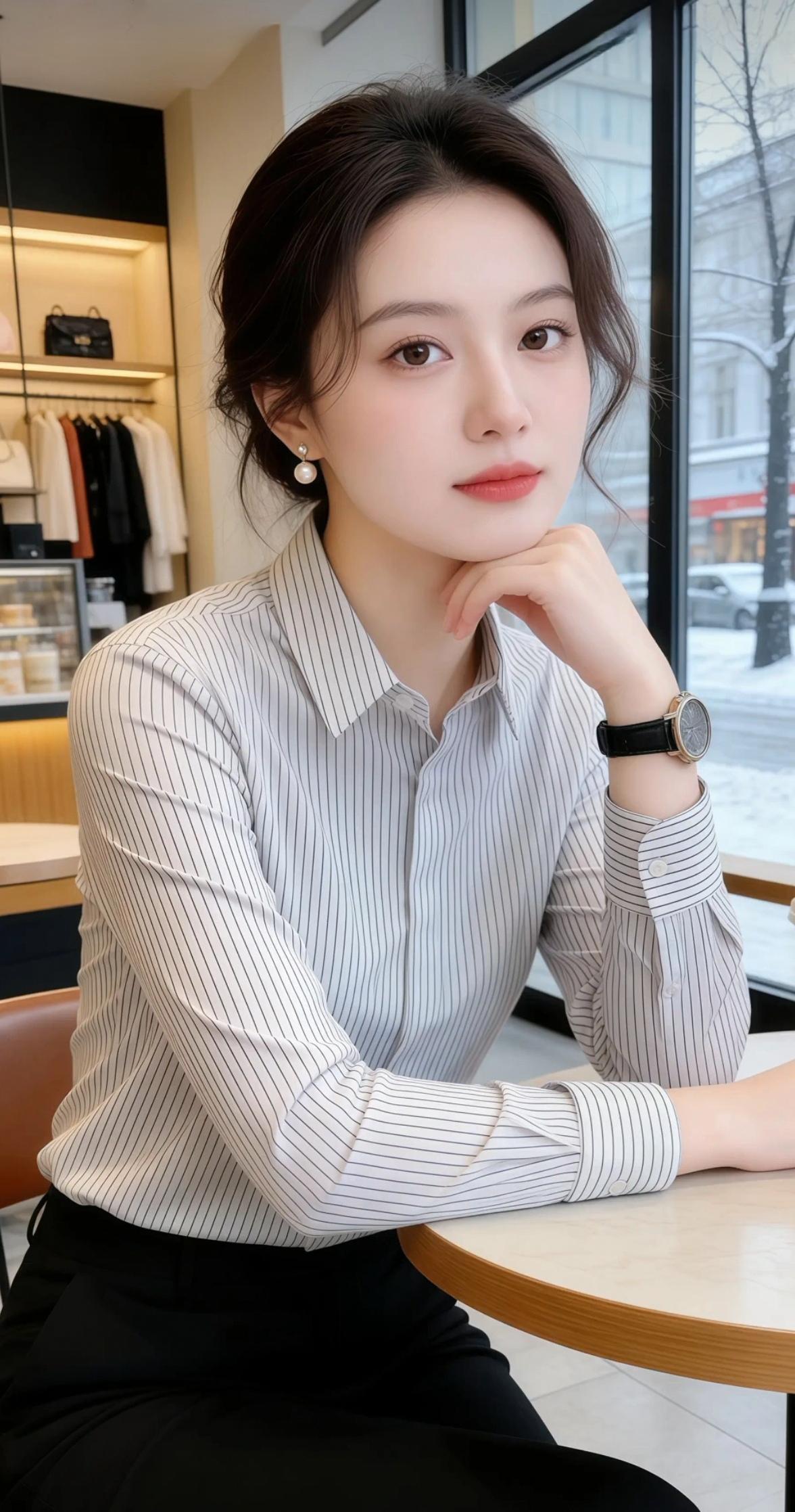 优雅白领风穿搭，条纹衬衫搭配黑色裤子，尽显时尚气质！