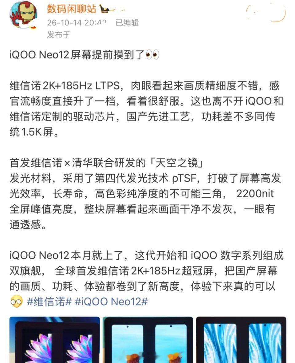 #数码闲聊站谈iQOONeo12屏幕#iQOONeo12这块2K屏，有点猛啊？这次iQOONeo12