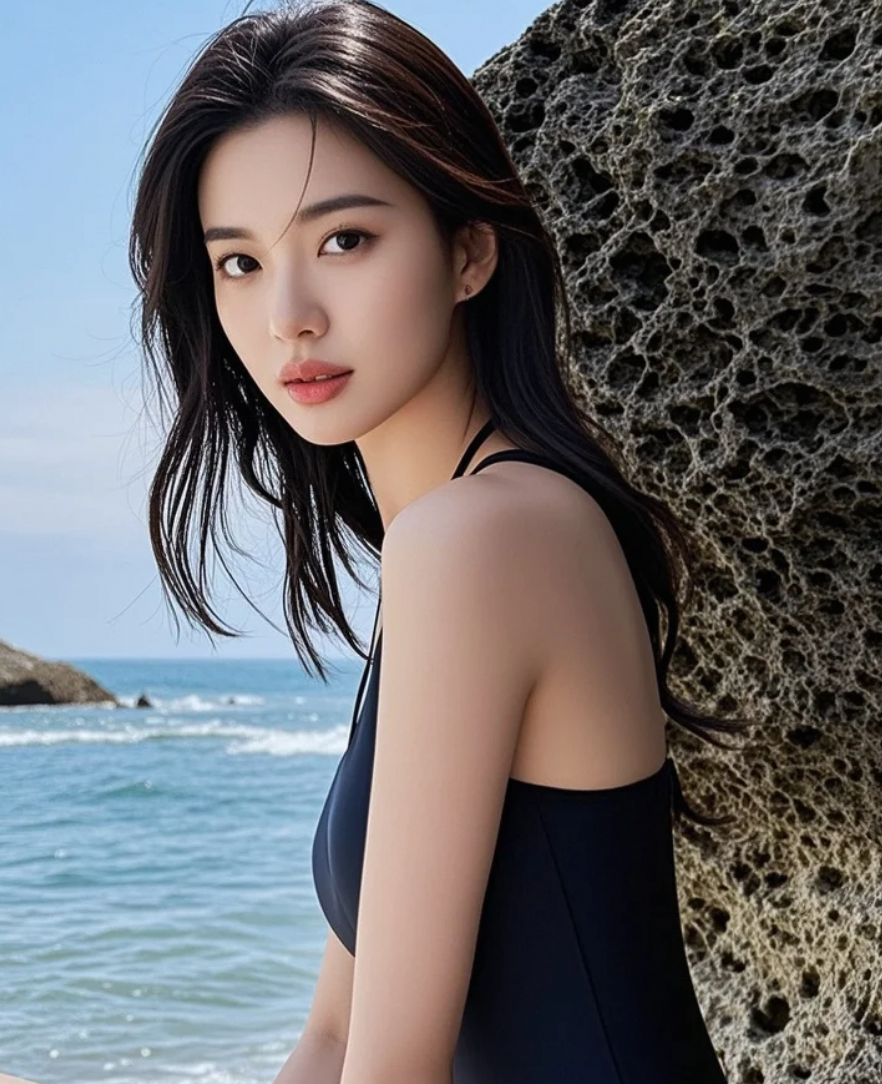 性感泳装美女在礁石边演绎动感时刻