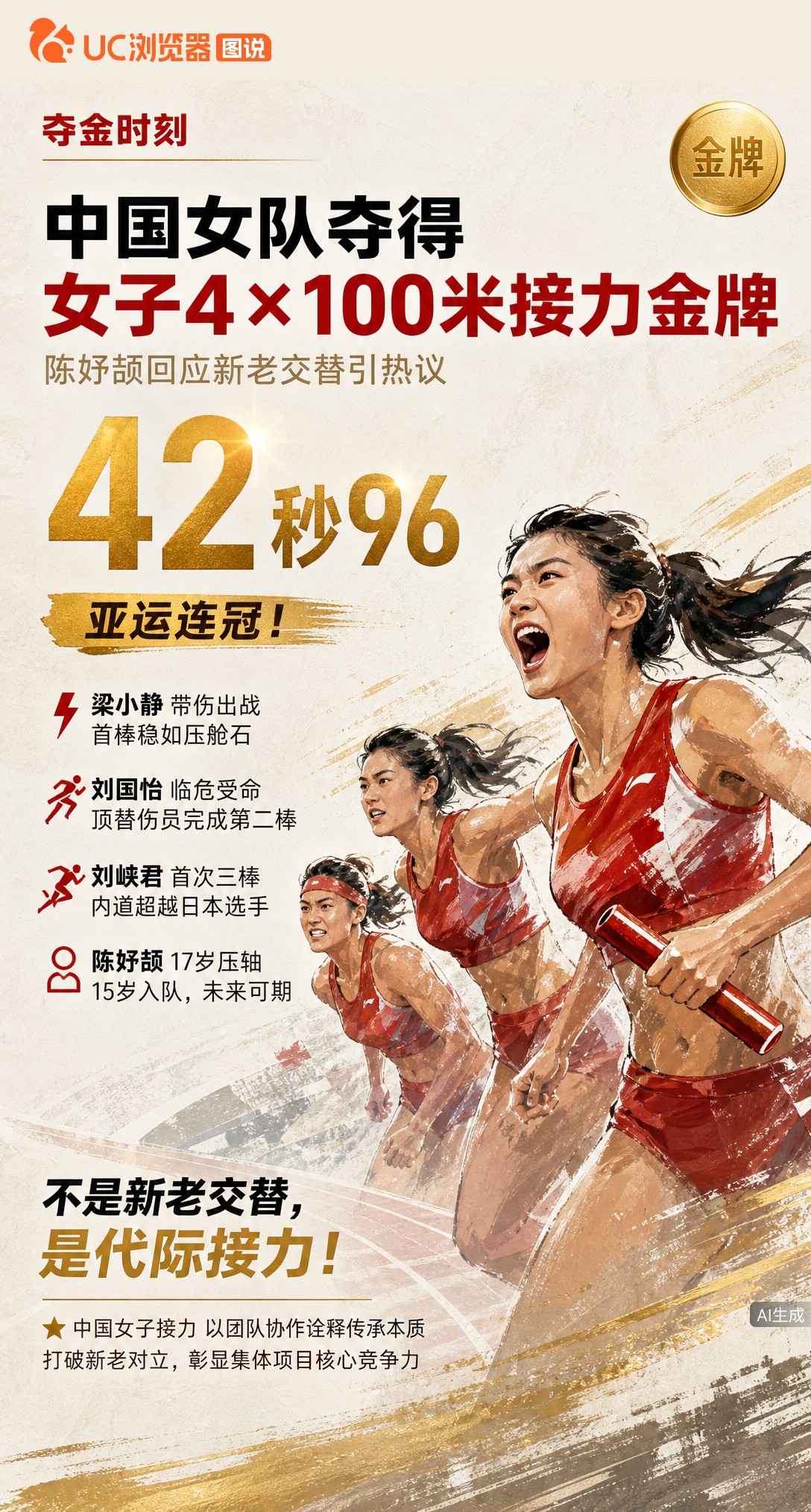 42秒96夺金！17岁陈妤颉赛后直言不认同“新老交替”，梁小静带伤压阵、刘峡君内道超日本，这枚接力金