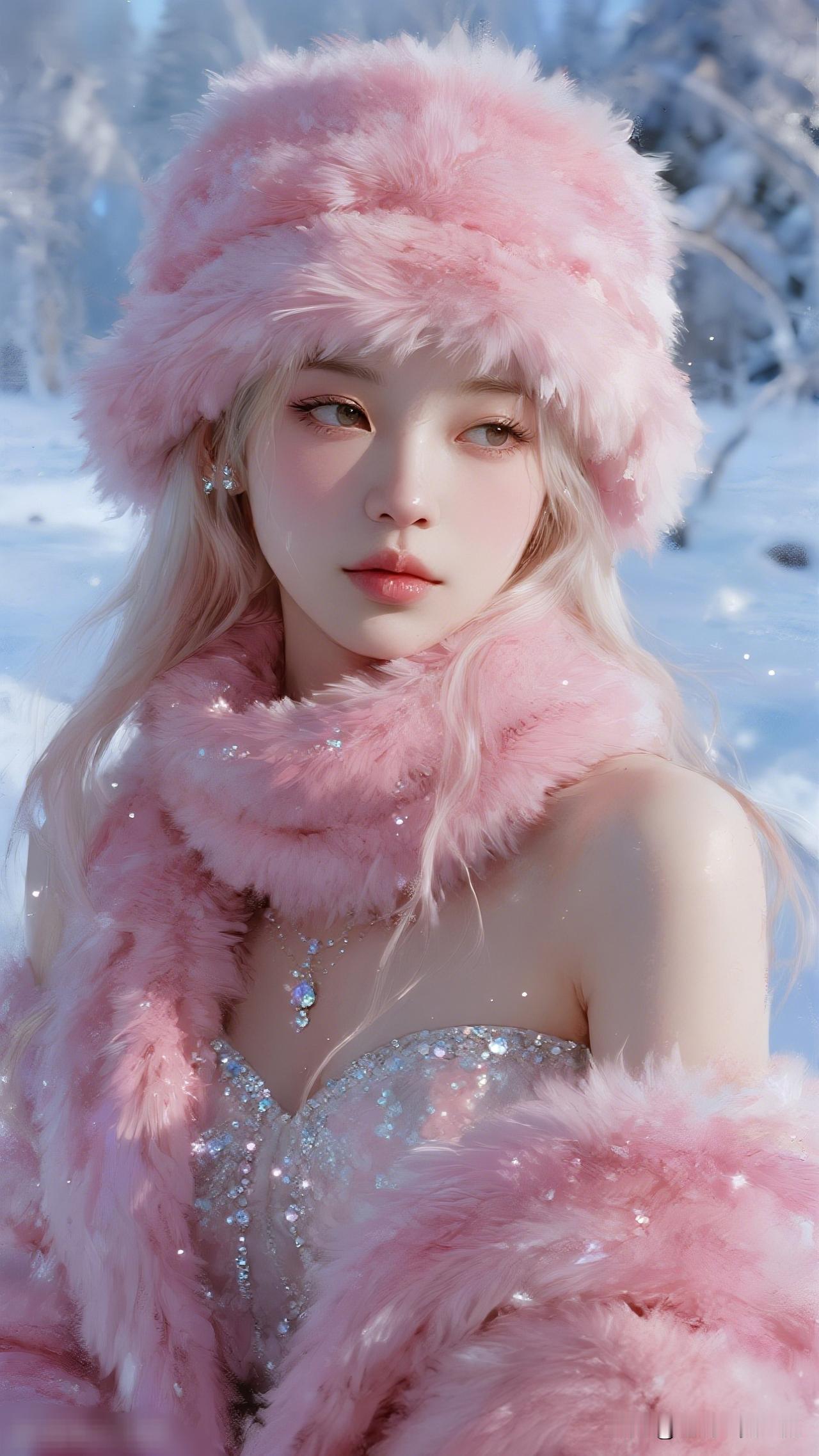 粉衣美人雪中立，似梦似幻入画来。你是喜欢风情万种，还是温柔体贴冬日仙境中的粉色