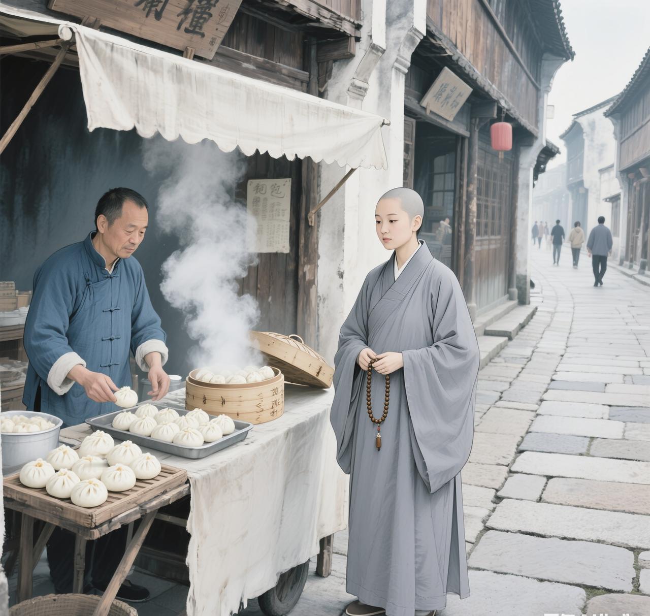 有一天，尼姑庵里的一位尼姑去镇上办事，路过一家包子铺，闻到香味忍不住想买几个包子