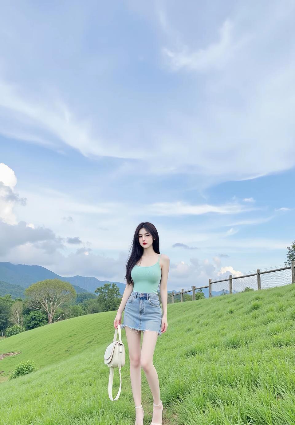 夏日清新穿搭,绿意盎然的山野间,少女漫步在青草地上,背着一个白色小包,轻松自在。