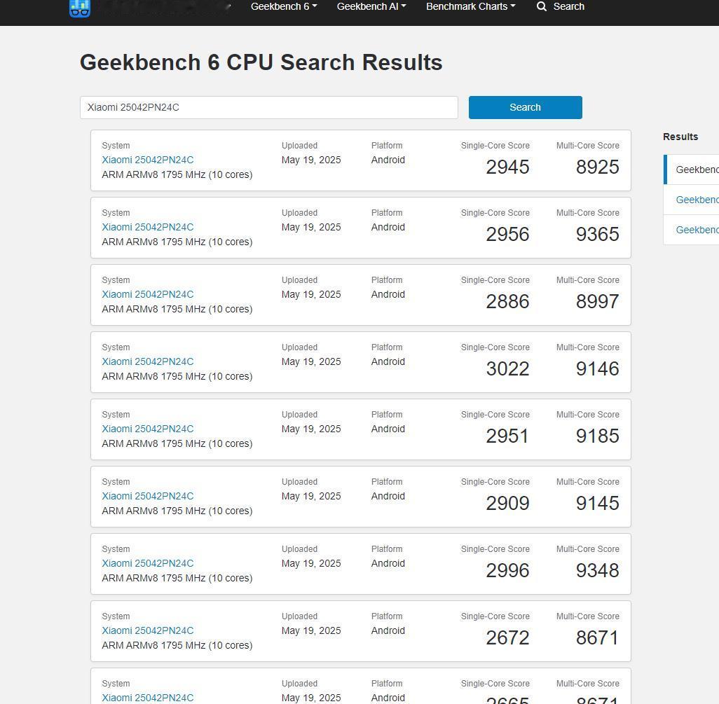 在Geekbench6的数据库中，已经有大量小米玄截O1的跑分了，估计都是评测