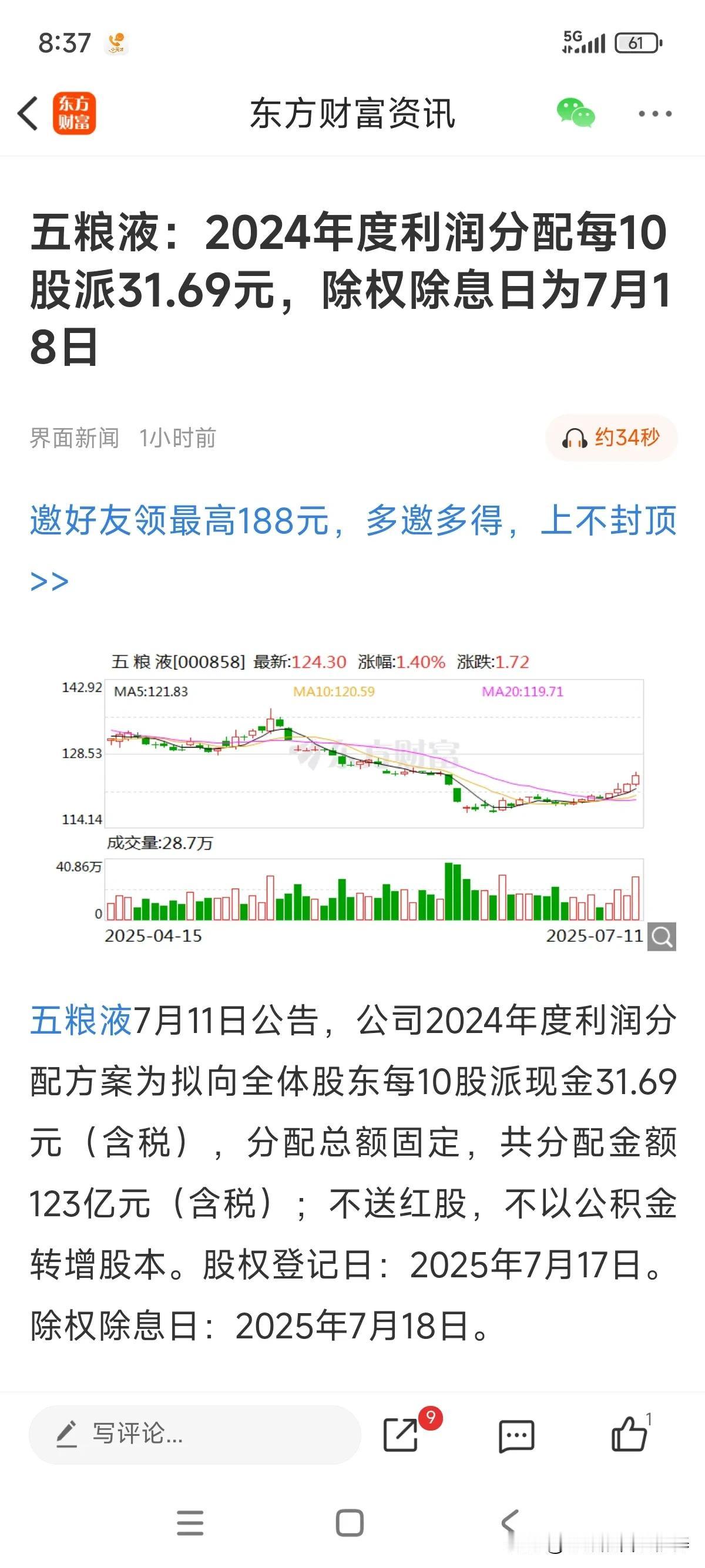 五粮液分红公告终于出来了，每10股发放31.69元，总计发放123亿，7月17日