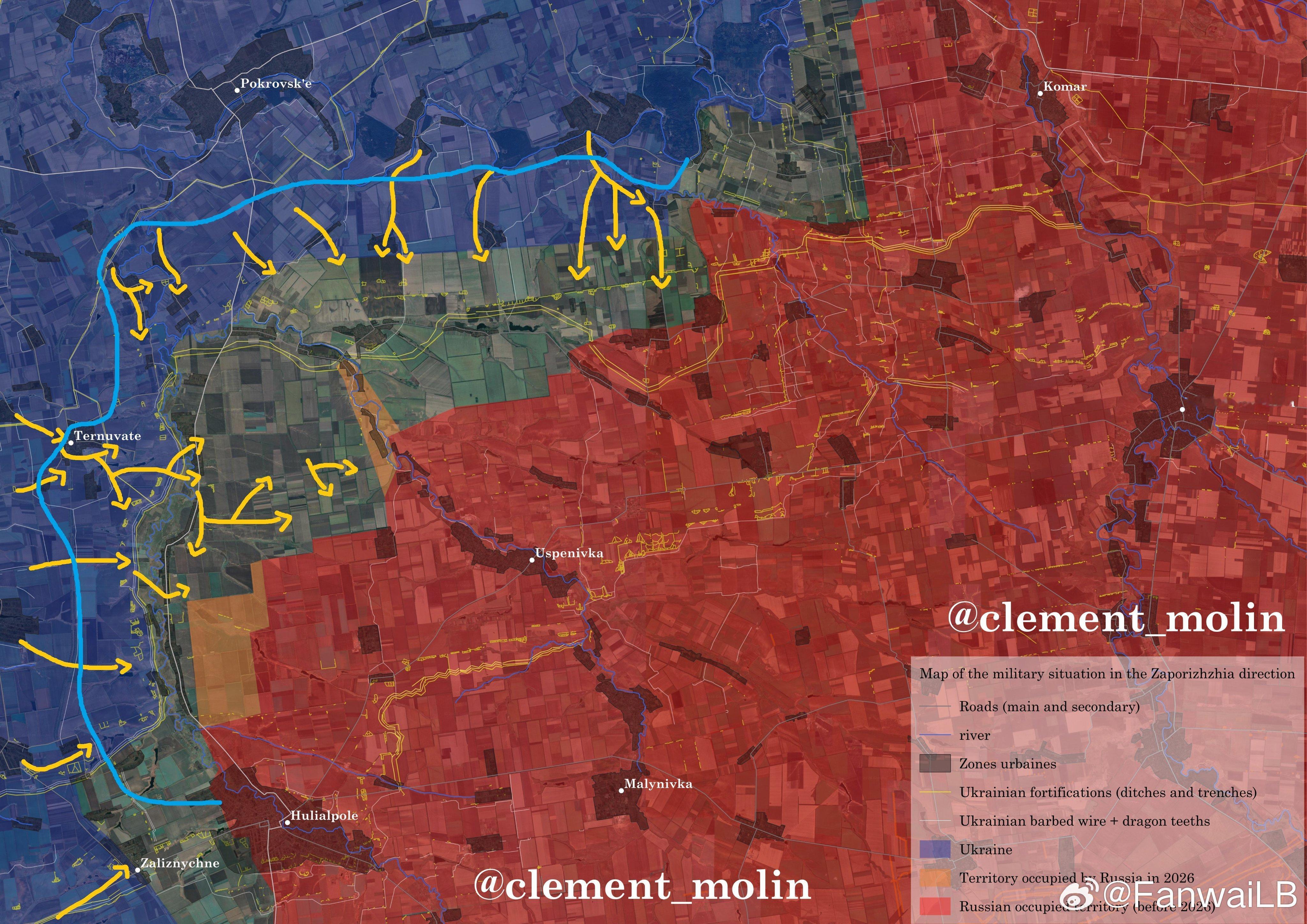 围观群众的乌军在扎波罗热的反攻图。这个图画的乌军气势磅礴，一顿操作猛如虎。实际上