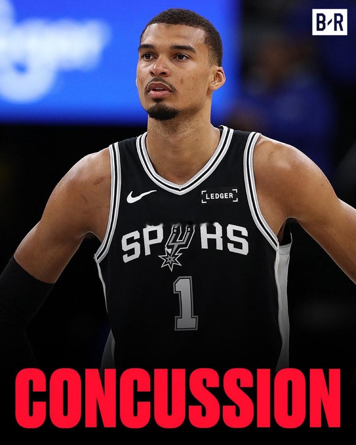 据ShamsCharania报道：维克托·文班亚马被诊断出脑震荡，将于周三接受更