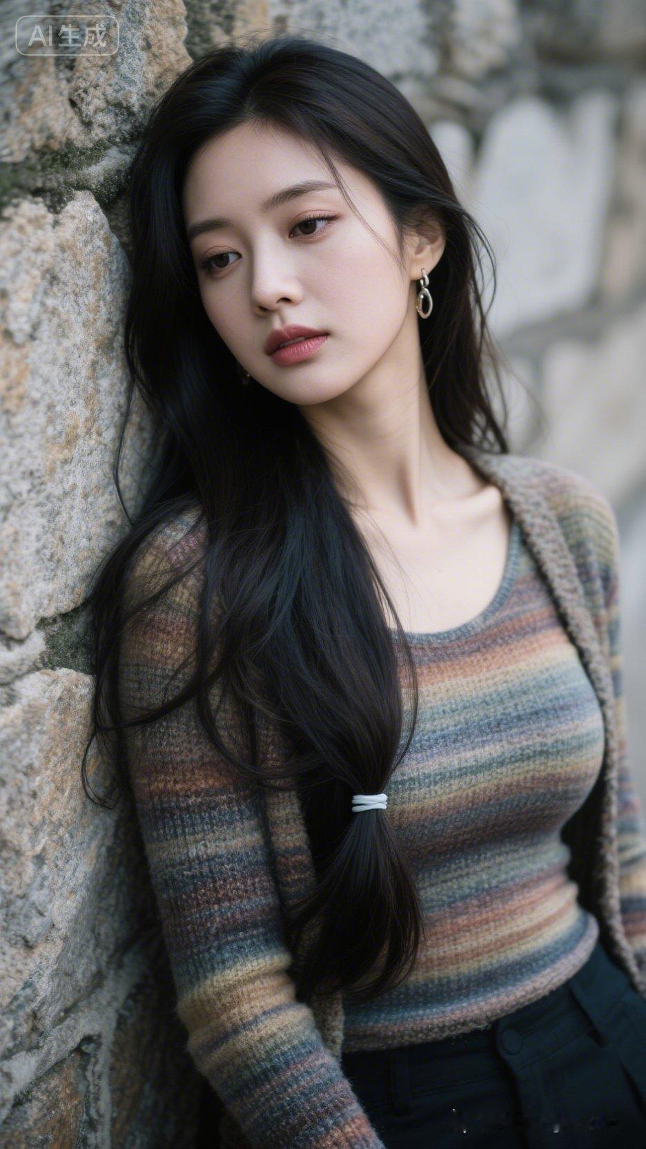 沉静的少女，倚靠石墙，温柔如水。
