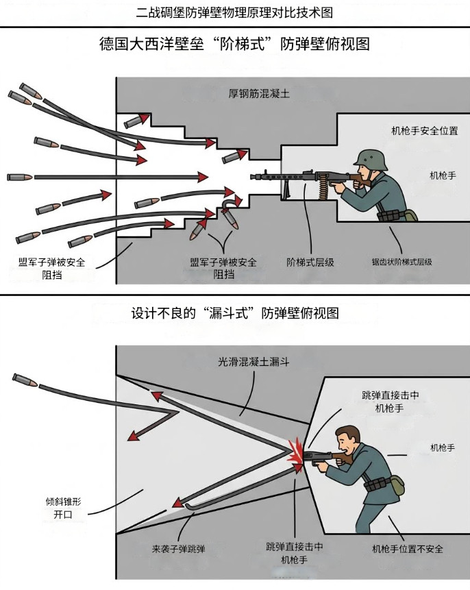 二战碉堡防弹壁物理原理对比技术图