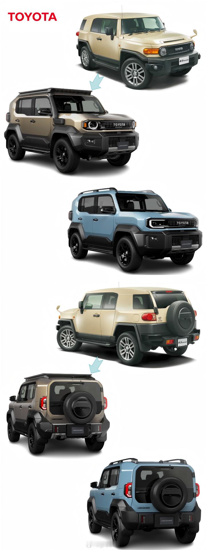 新老丰田FJ酷路泽对比新老丰田FJ酷路泽对比，全新一代只是叫FJ而已，并无过多