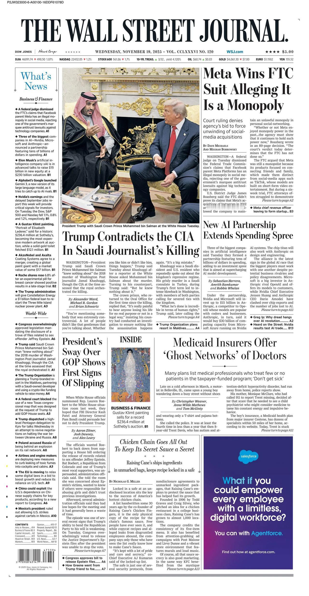 《华尔街日报》报道称，美国总统特朗普在沙特记者遇害事件上与中央情报局意见相左。