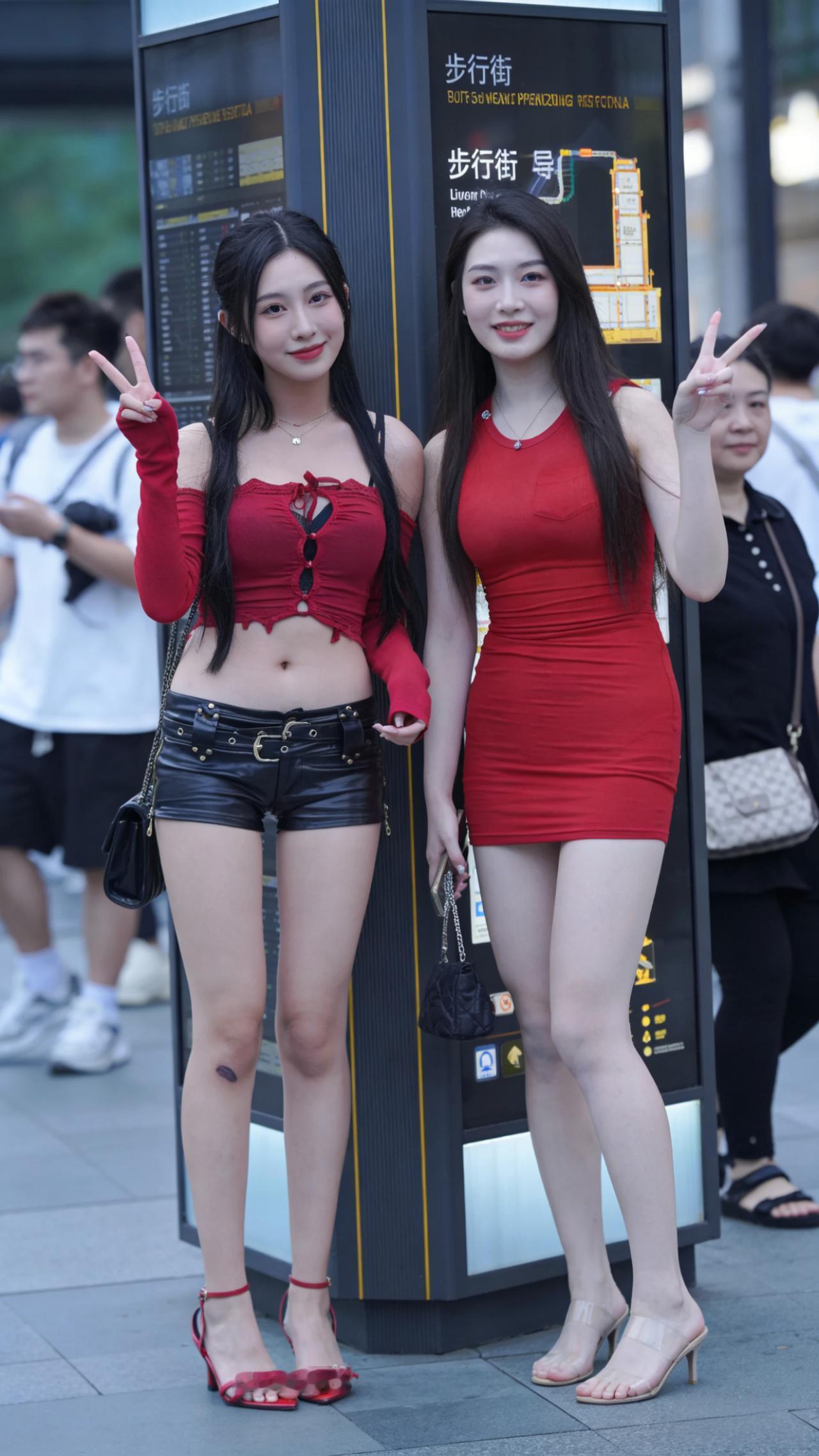 👯‍♀️姐妹花一起逛街，红衣姐妹美翻天！