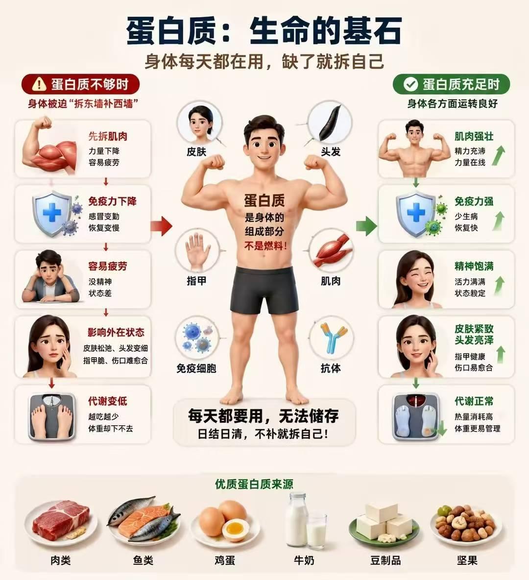 今日健康知识分享：蛋白质有多重要，看完你就知道了！很多人觉得，一天不吃肉
