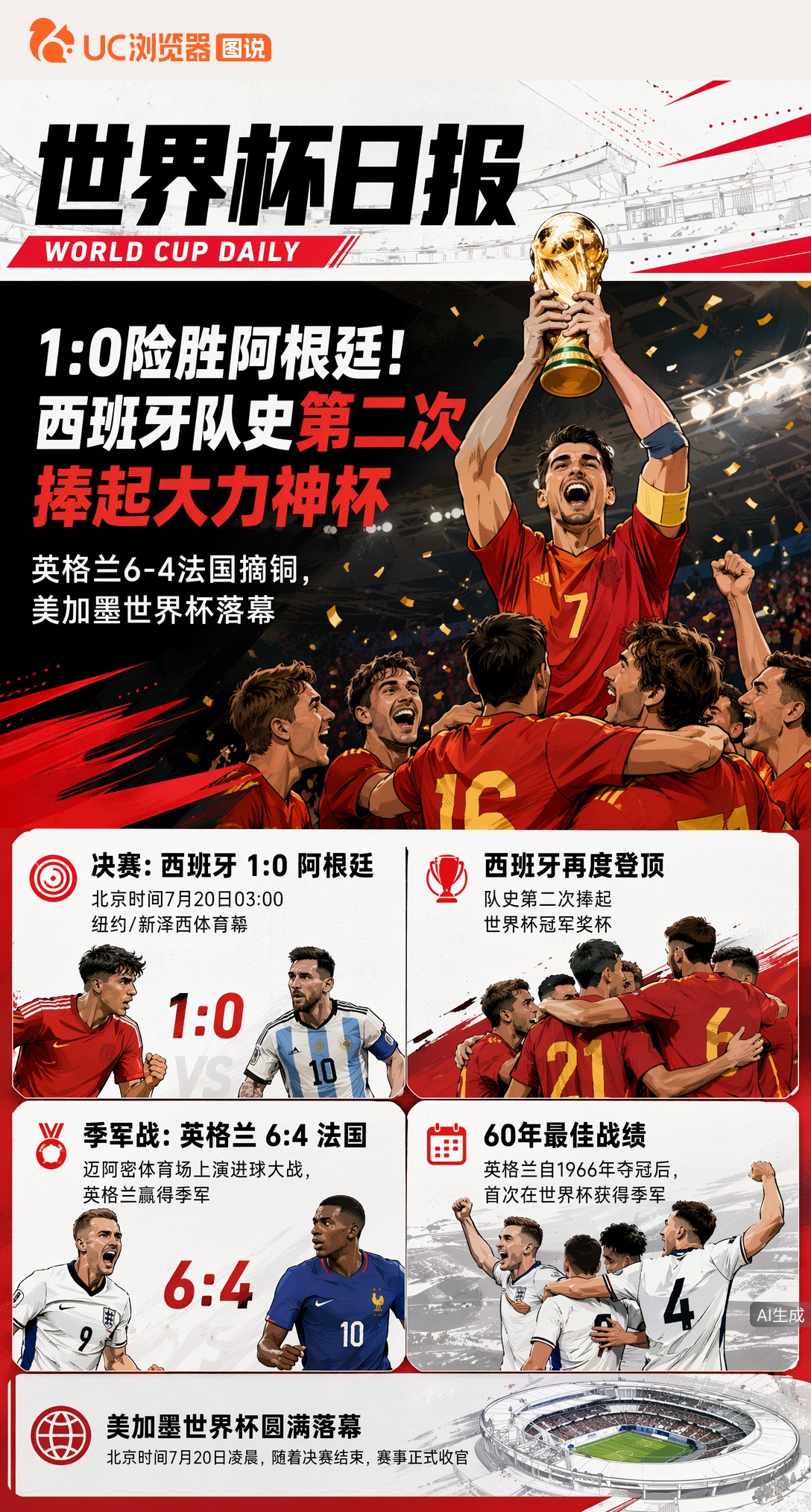 1:0险胜阿根廷！西班牙队史第二次捧起大力神杯