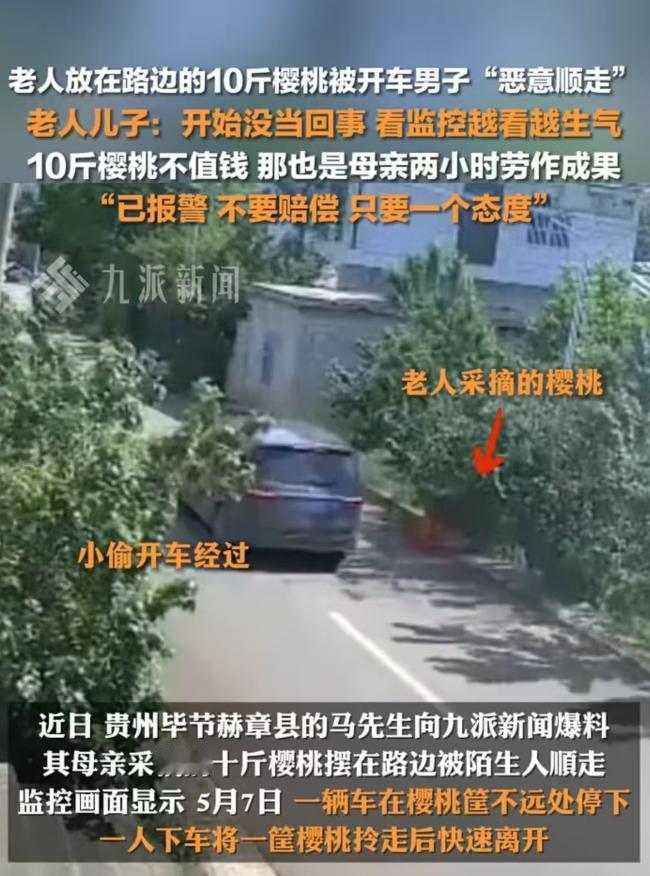 2025年5月贵州，老人的10斤樱桃被开车男子顺走，老人的儿子调取监控后直接报警