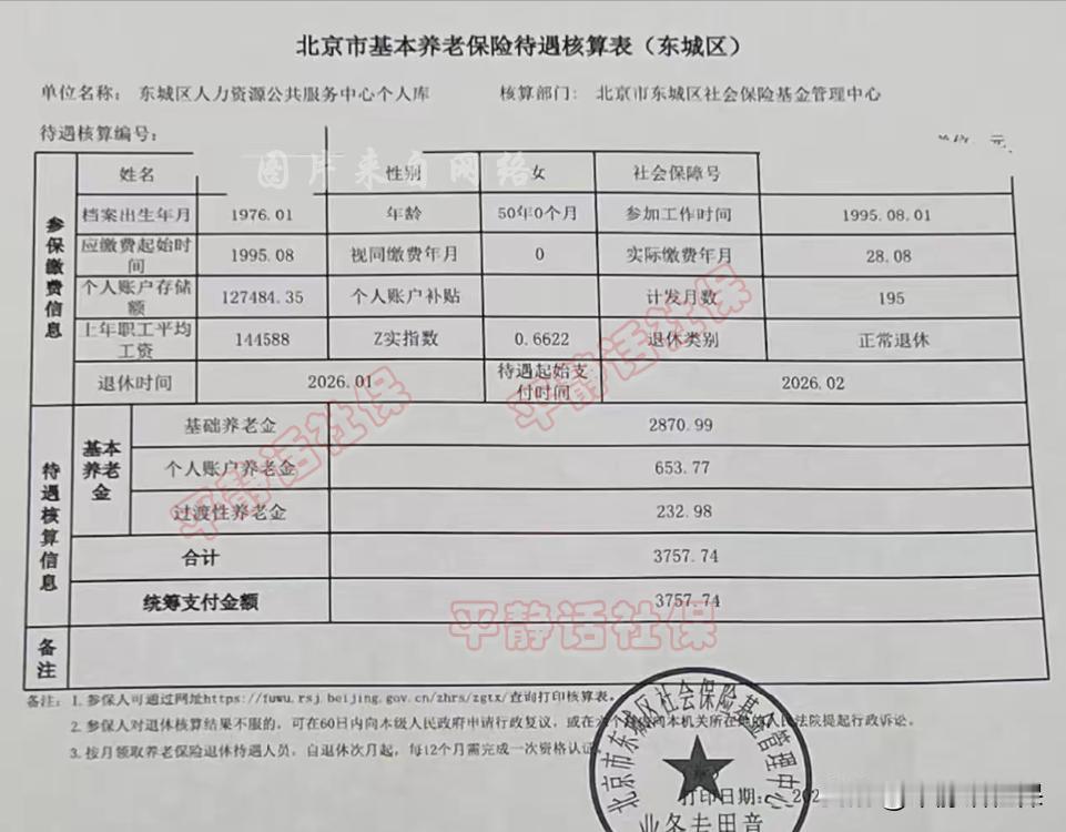 北京养老金！这是一份北京市东城区女性退休养老金核定表，1976年1月生人，20