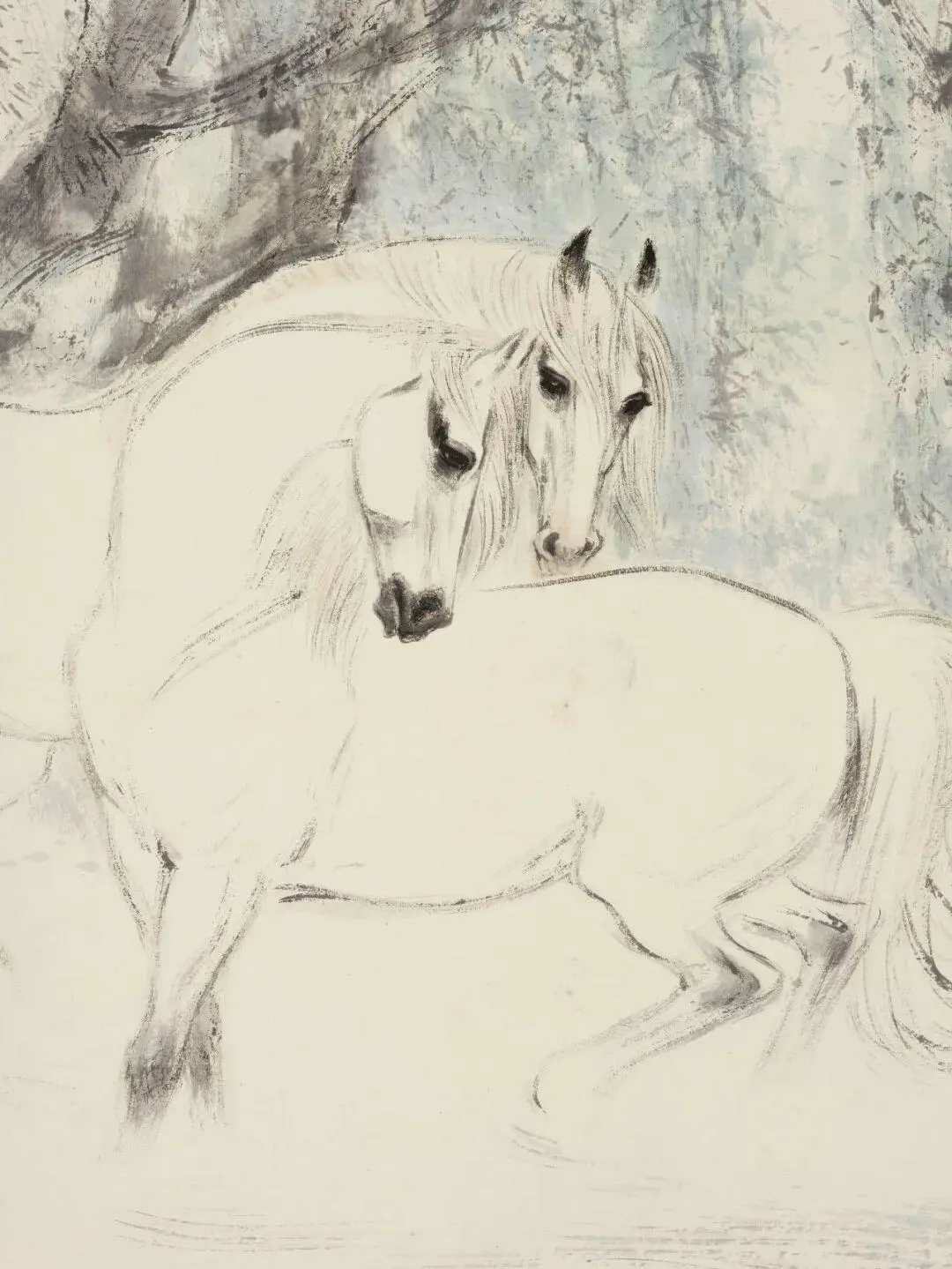 刘旦宅《柳荫双骏》，设色纸本91.5×68cm。题识：辛酉新秋，刘旦宅作于沪
