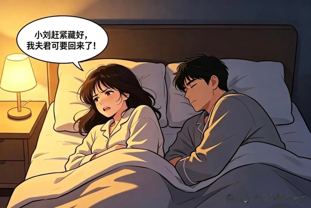 搞笑漫画分享趣味漫画:半夜酣睡之际，身旁人催促：小刘赶紧藏好，我夫君可要回来了！