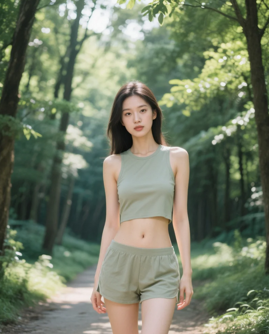 森林小径中的亚洲美女，与大自然完美融合