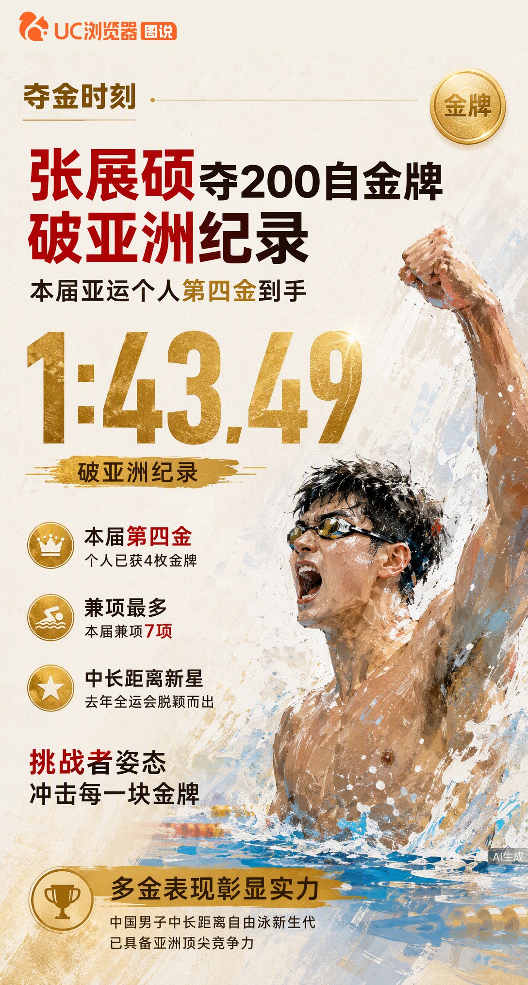 1分43秒49破亚洲纪录！张展硕拿下男子200自金牌，本届亚运个人第4金到手。兼项7项全队最多，这位