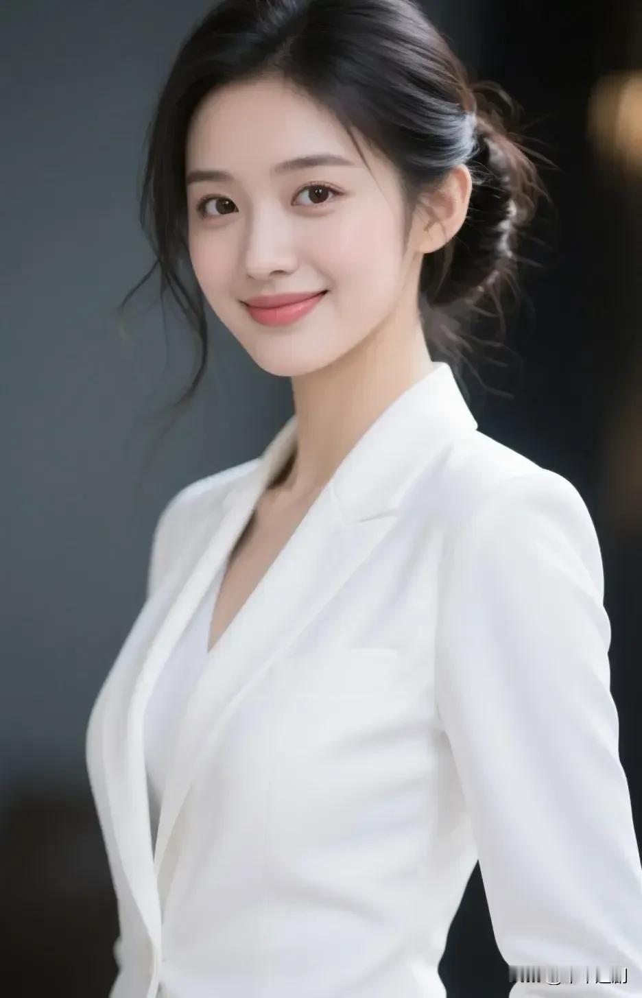 白西装的利落里，揉着发梢垂落的软。笑意轻扬时，是温柔裹着的从容气场。气质白衬衫