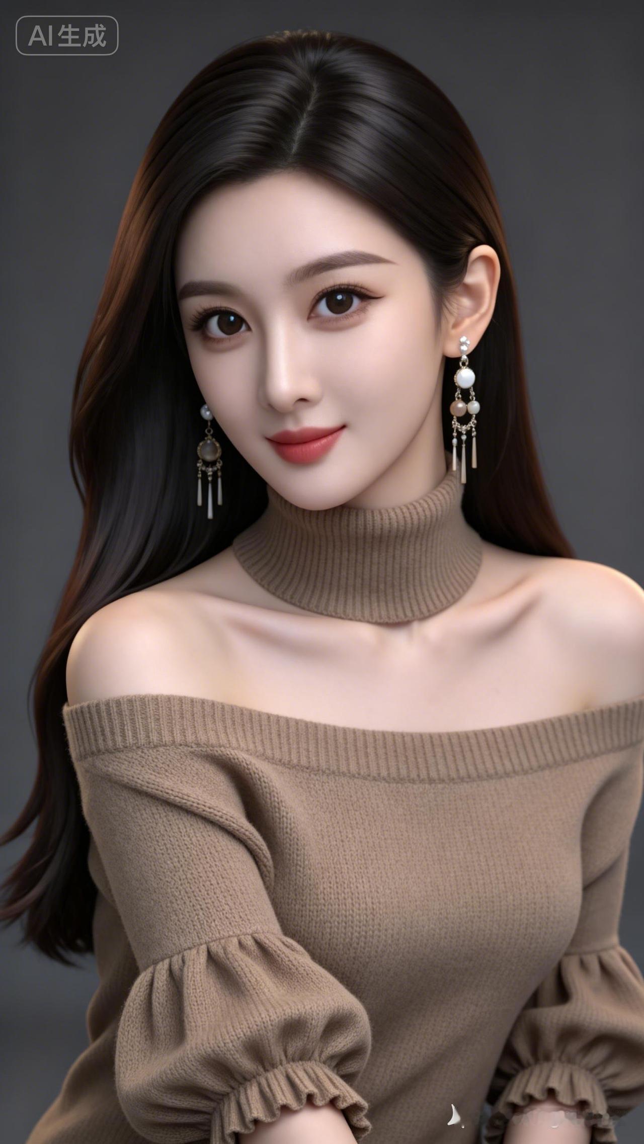 优雅美女，柔顺亮泽黑棕色长直发，浓眉大眼明亮有神，冷白肌肤。搭配多款长耳坠，身着