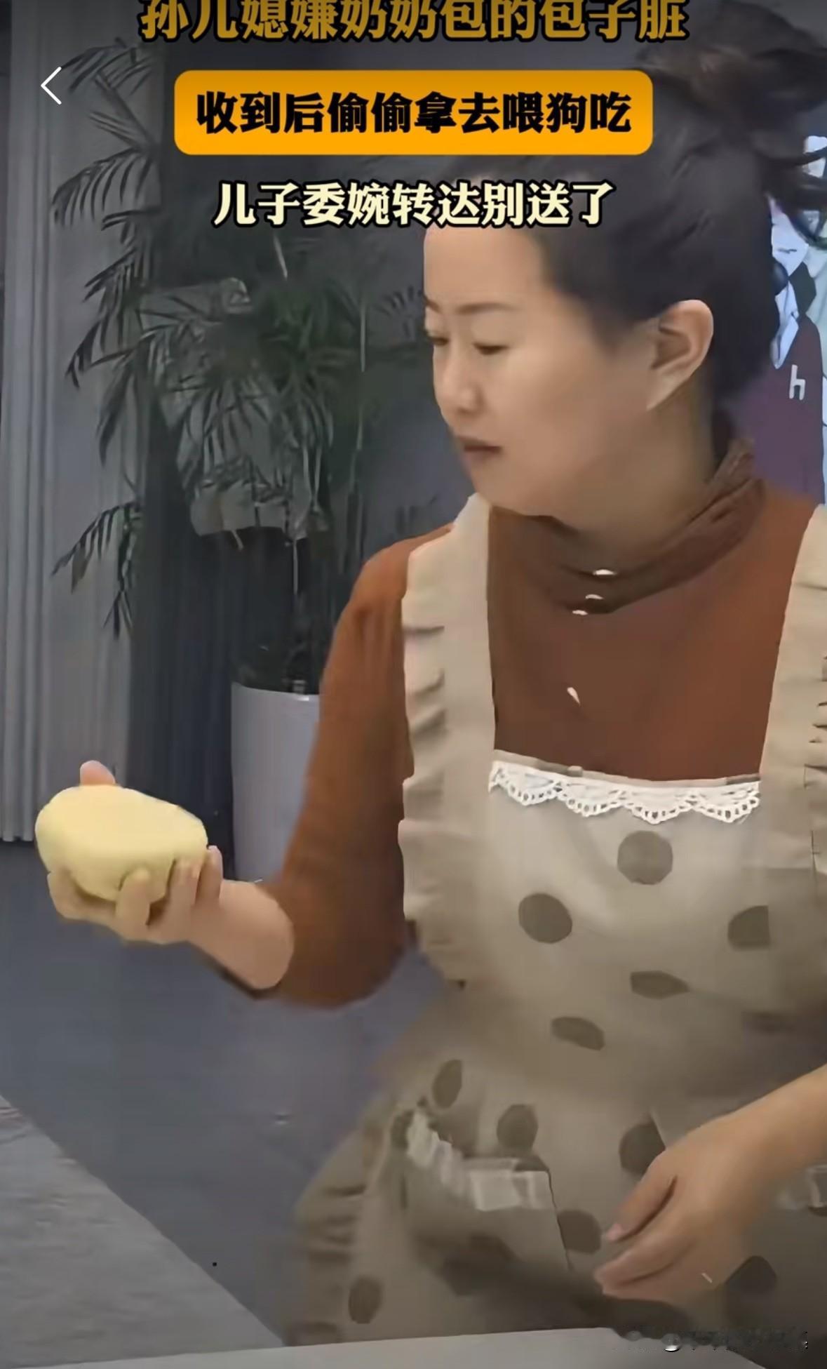 奶奶包了大包子给孙子送了一些，不料孙媳妇嫌弃老人包的包子脏，收到后，直接拿着包子