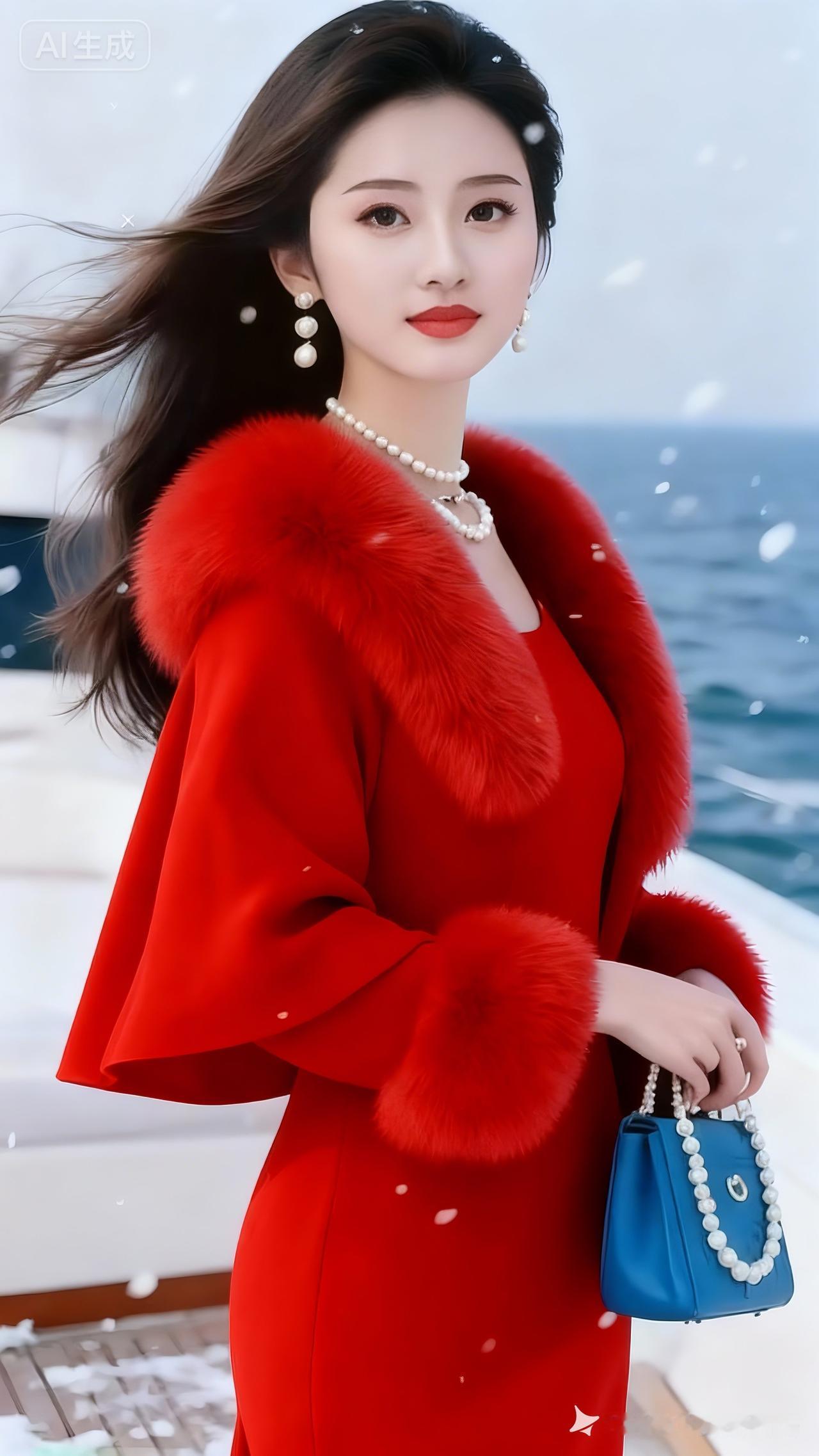 冬日雪景中的红衣美人，优雅动人！🌨️💃👗