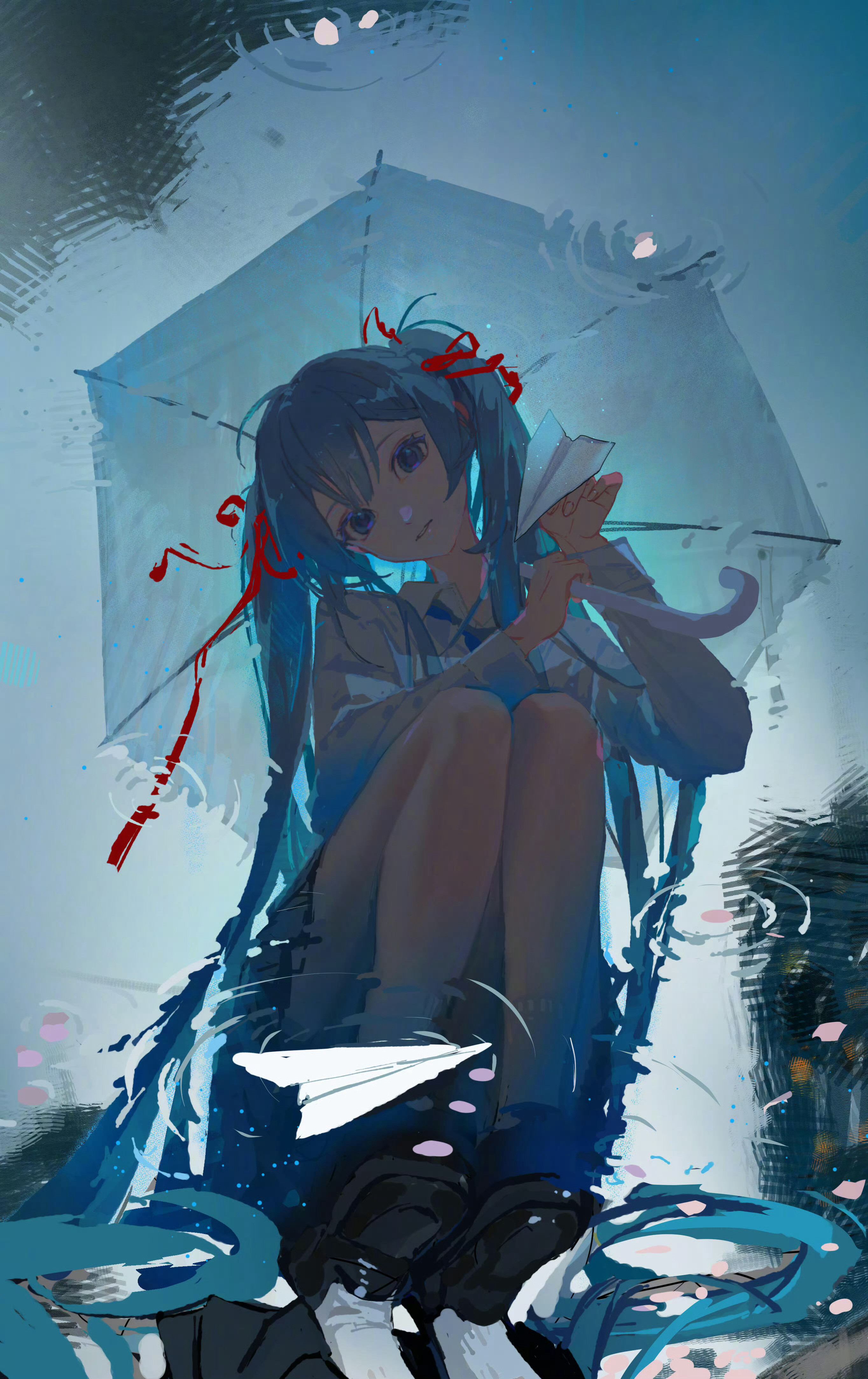 初音未来动漫点评团国人画师太太绘制的雨伞倒影的miku公主殿下蓝色系太好看了.