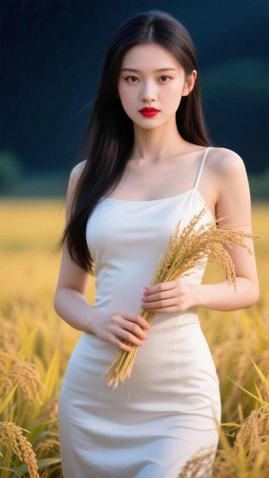 《稻浪间的素白》晚光将稻穗染作暖金时，她立在田风里——白裙如揉软的云，缎面