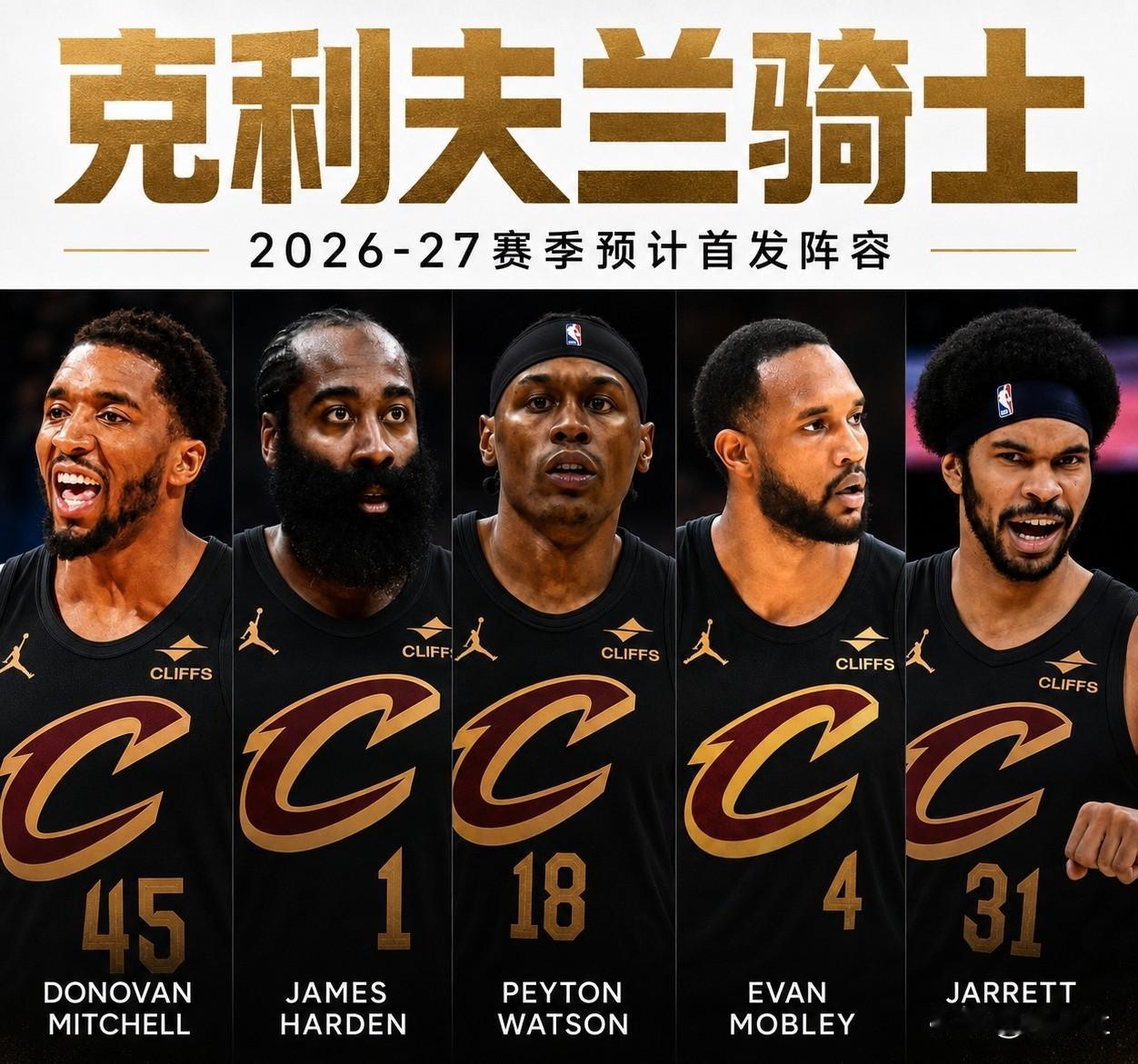 骑士的首发阵容账面实力在东部排名前三，可替补实在太弱了。首发方面：米切尔，现