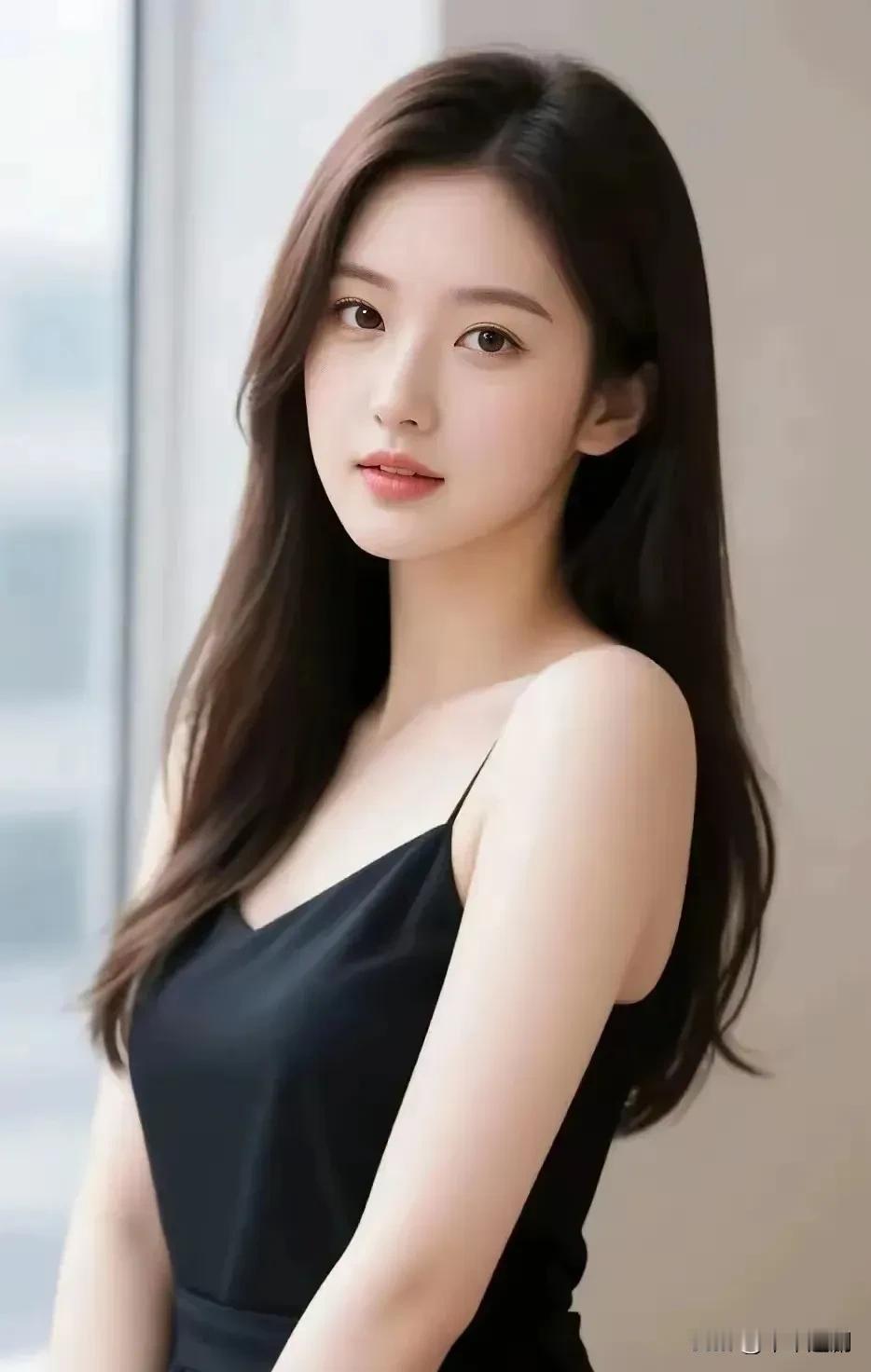午后的光漫过窗沿，落在她柔软的发梢。一袭黑裙衬得肌肤胜雪，眼神里藏着几分清冷，又