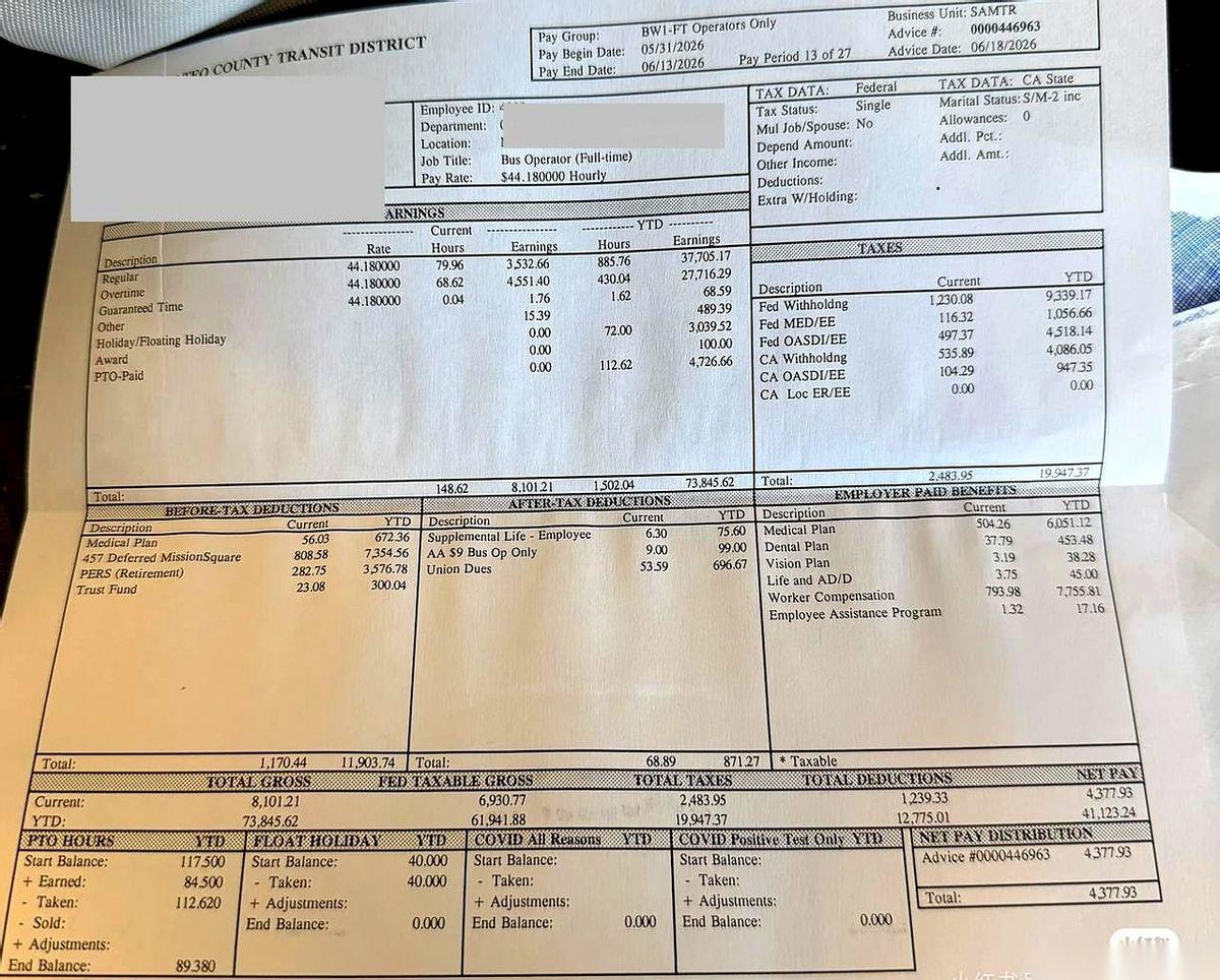 网上流传着一张美国加州公交司机的工资条，看第一眼让人眼红，看第二眼让人肝颤。单