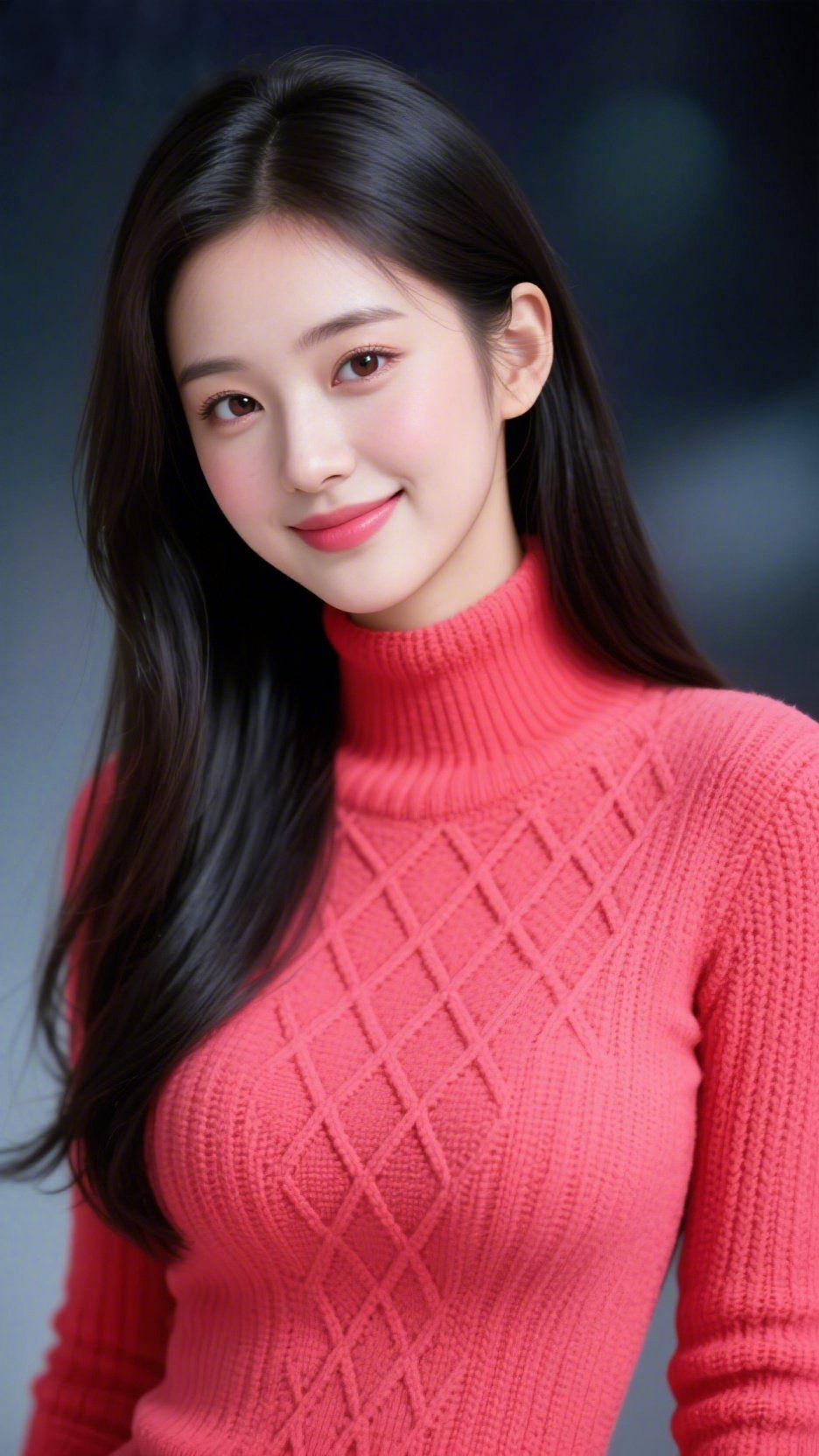 《绯衫栖柔暖》绯色高领针织裹着软润的暖，菱格纹理将细碎的光织进绒线，周身浸