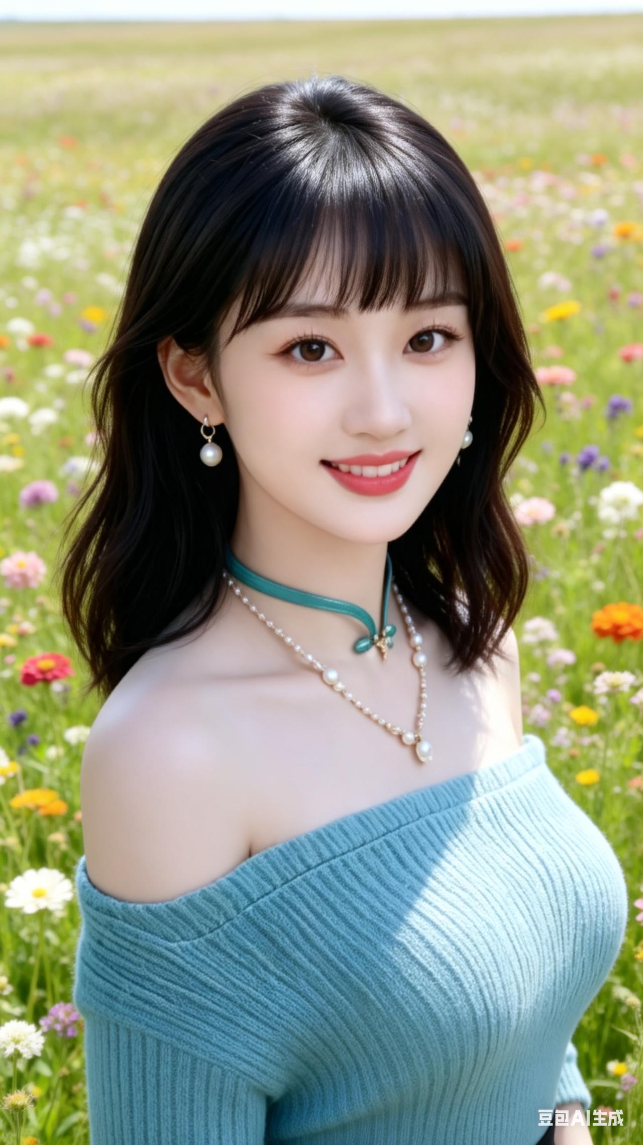 在花海中微笑，春日里的甜美少女