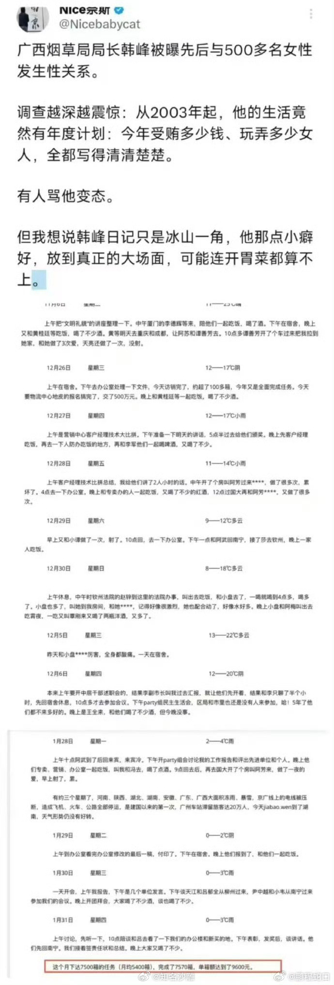 广西烟草局局长韩峰被曝先后与500多名女性发生性关系。只能说，现在的官员权力太