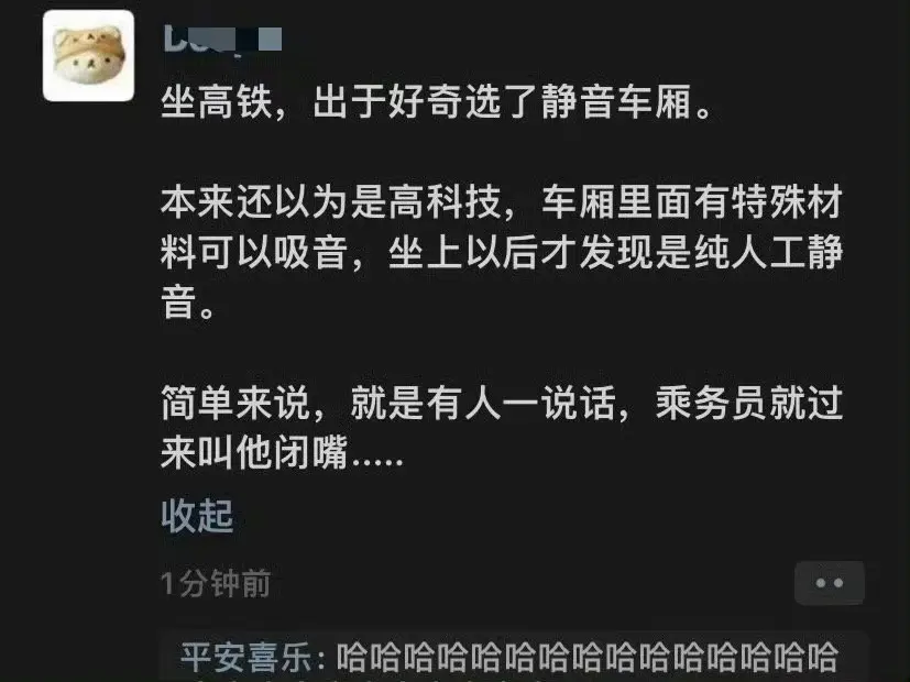 坐高铁因为好奇，选了静音车厢