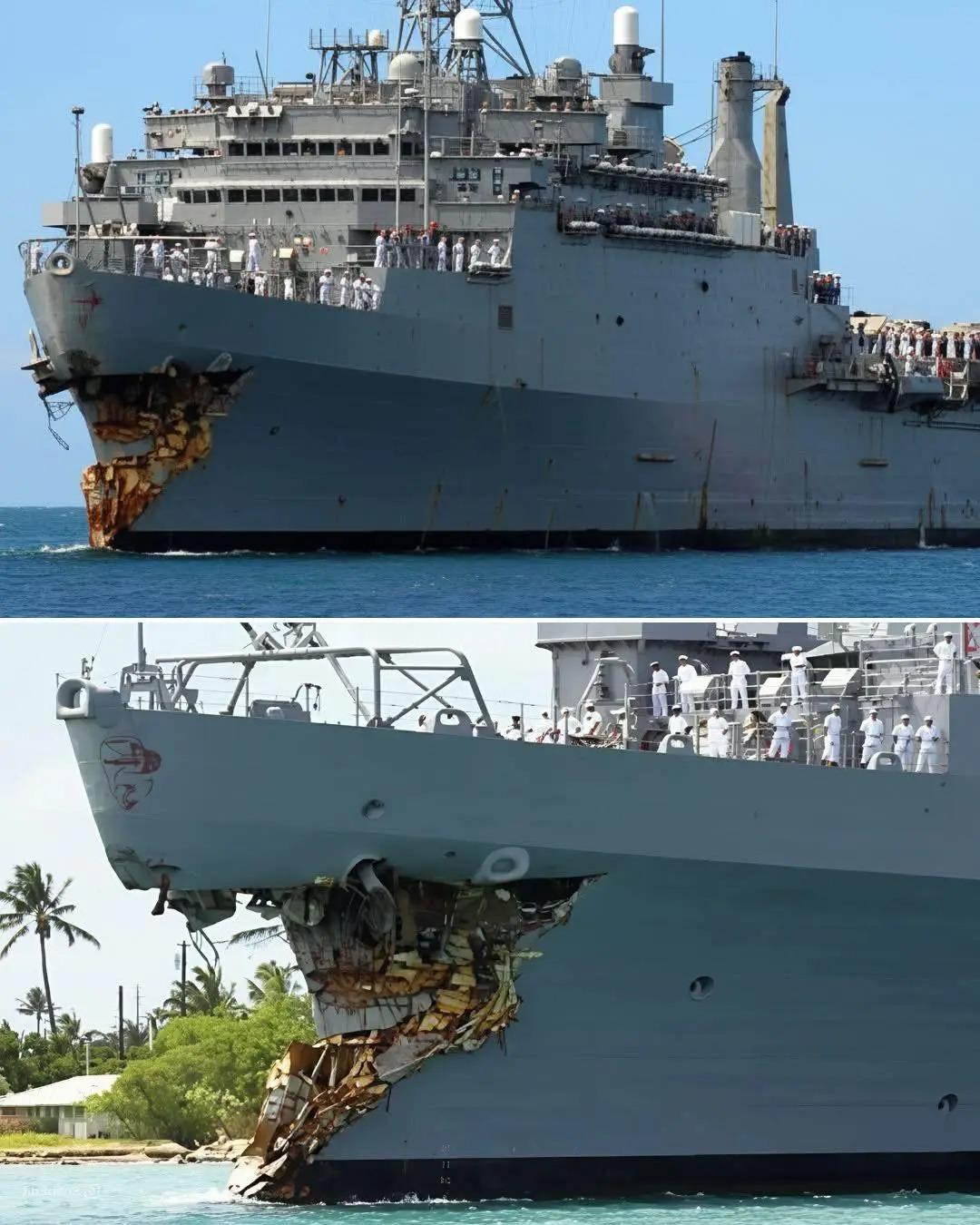 美国海军'丹佛'号（LPD-9）在海上戏剧性碰撞后驶入珍珠港两栖船坞运输舰