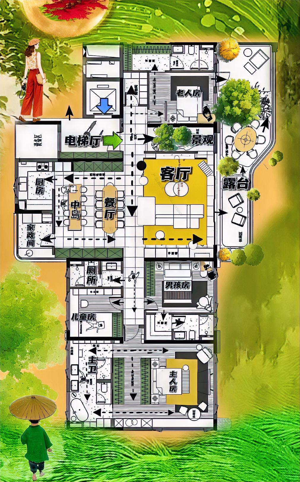 真的是长在了我的审美点上，270m²户型普通，三头一尾的四居室，布局紧凑算改善房