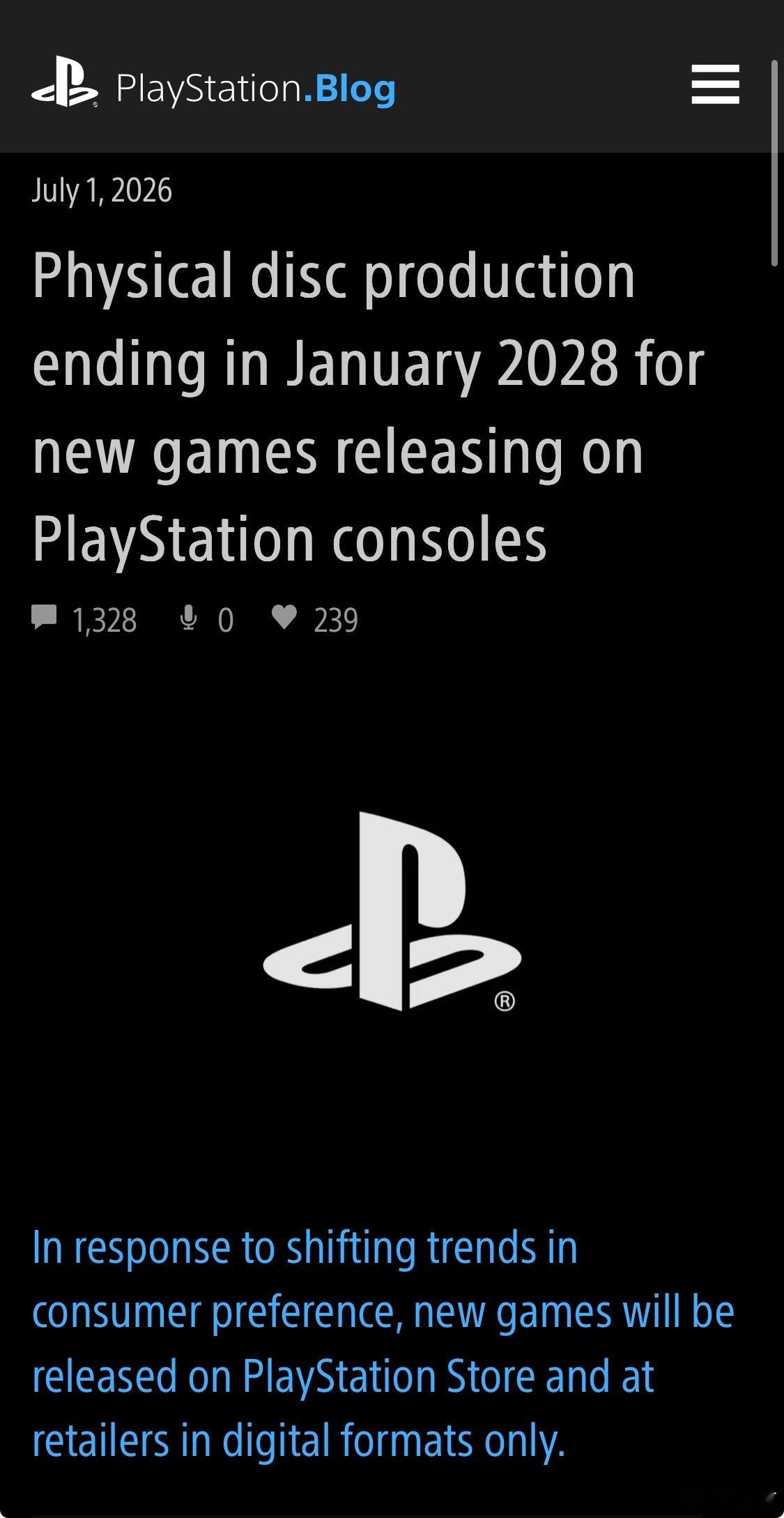 索尼宣布：自2028年1月起，所有在PlayStation主机上发售