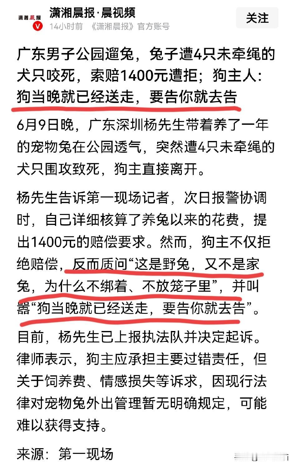 兔子被宠物狗咬死，狗主人质问，为什么不给兔子拴绳放笼子里？宠物狗把别人家的兔子