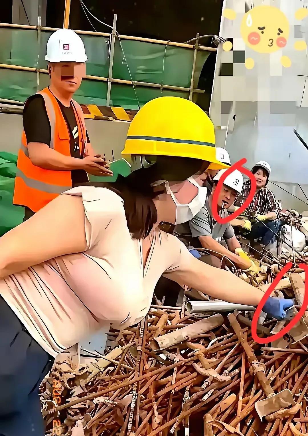 在下面这个图片上，女领导的行为确实很打动人。冒着38度的高温，在尘土飞扬的工地，