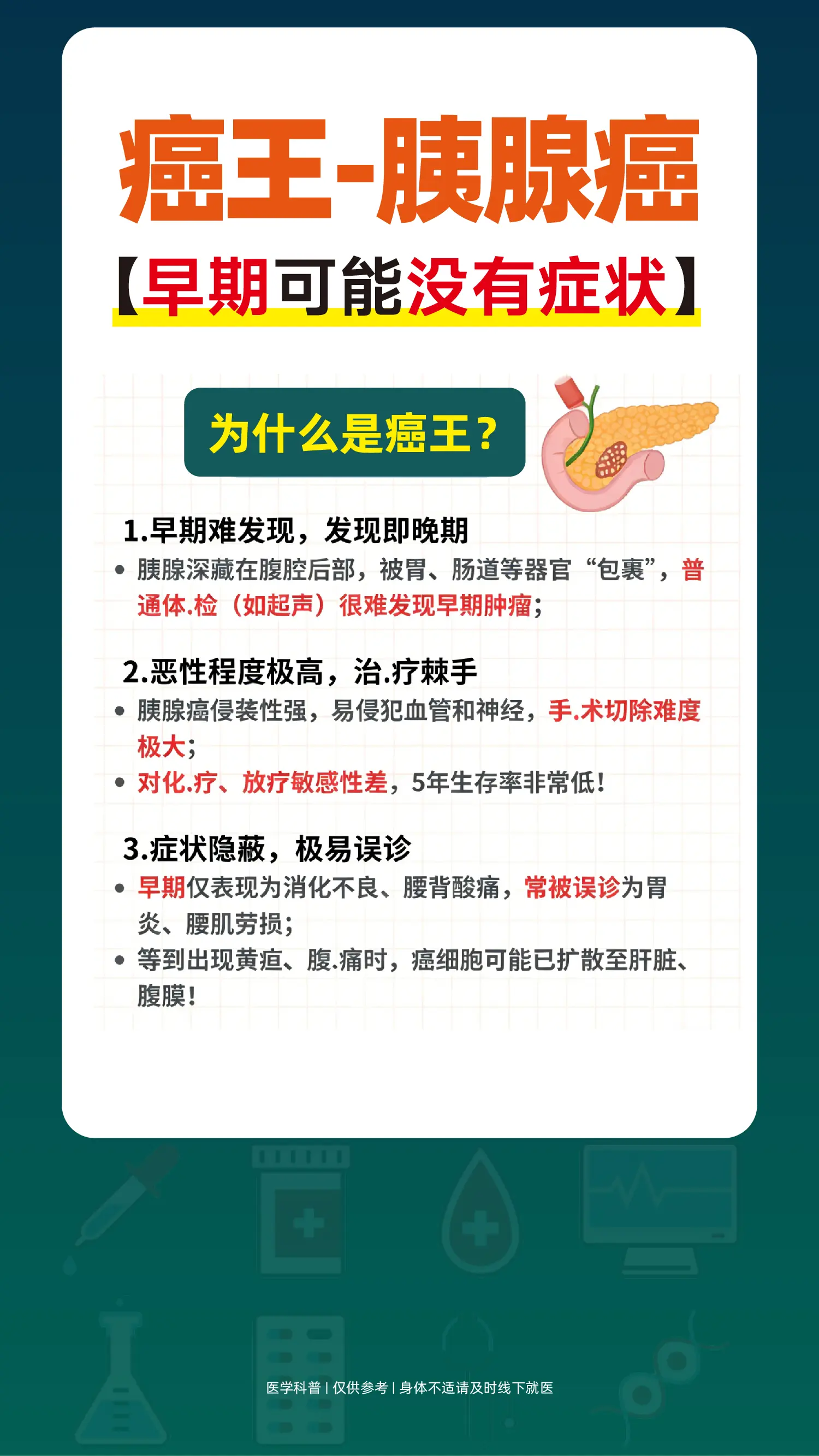 癌王-胰腺癌，早期可能没有症状。
