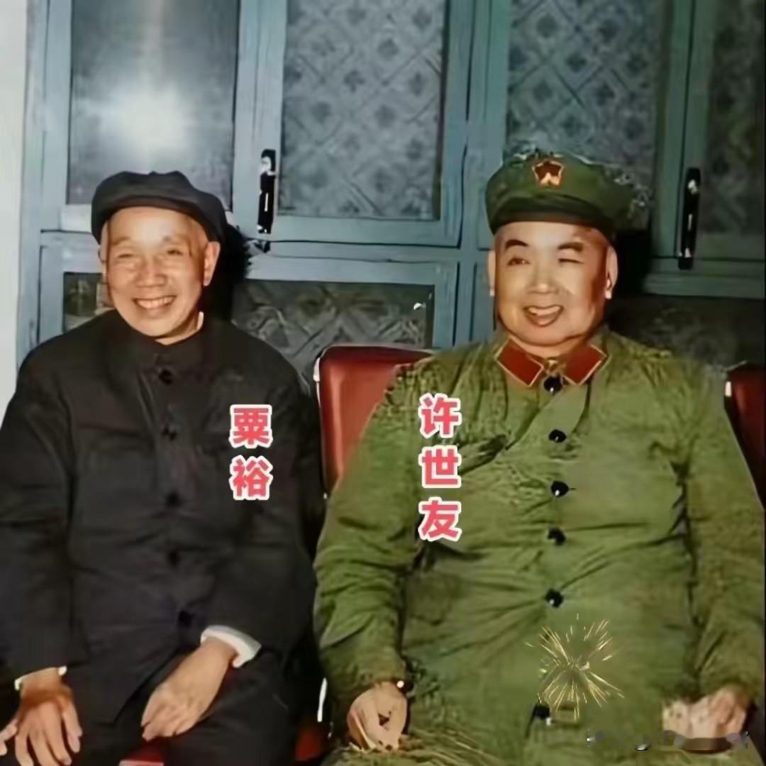 这张合影左侧为开国大将粟裕，右侧是开国上将许世友。二人同为华东战场功勋战将，一位