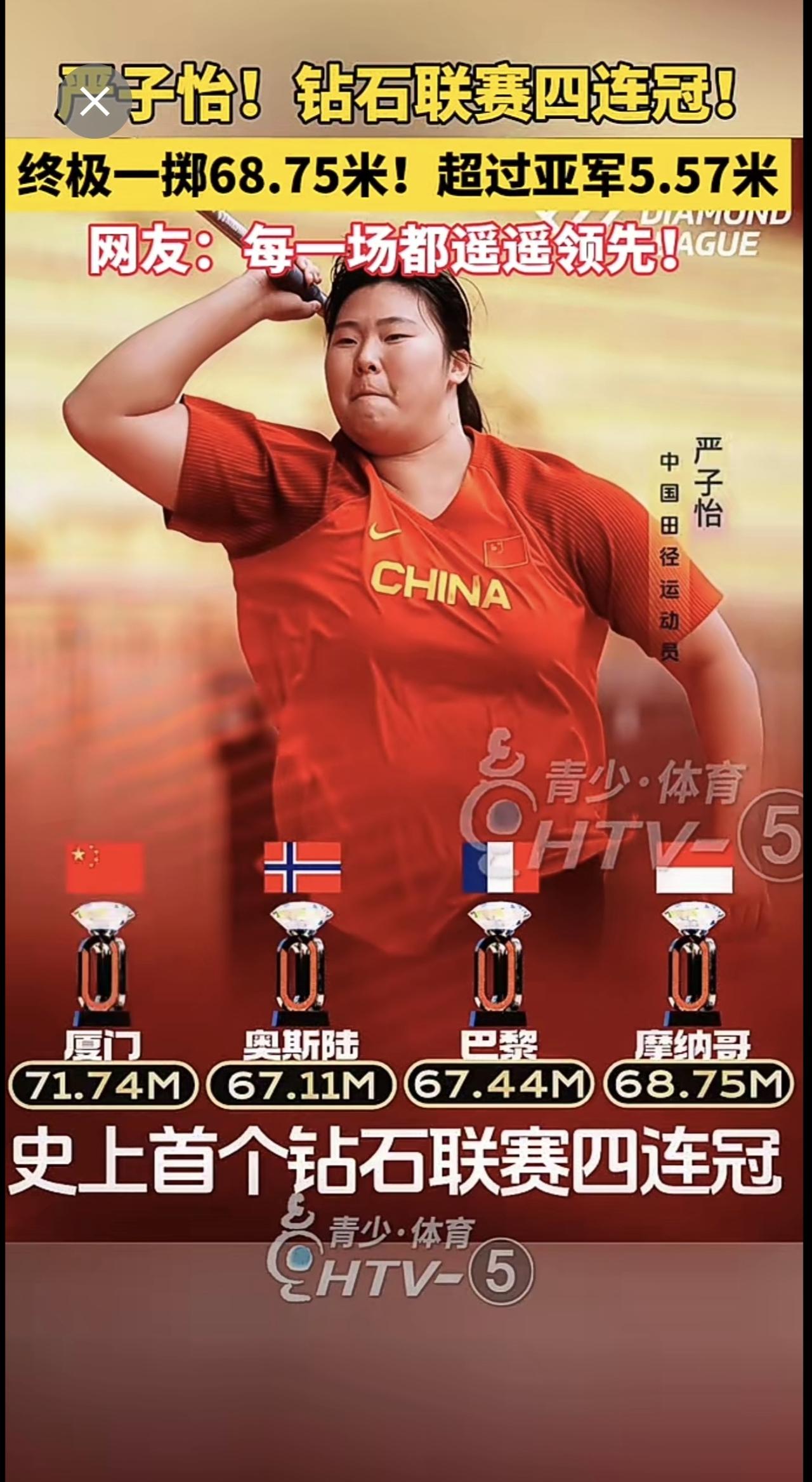 18岁小将严子怡，太强了！北京时间今天凌晨，浙江女子标枪运动员严子怡在钻石联赛